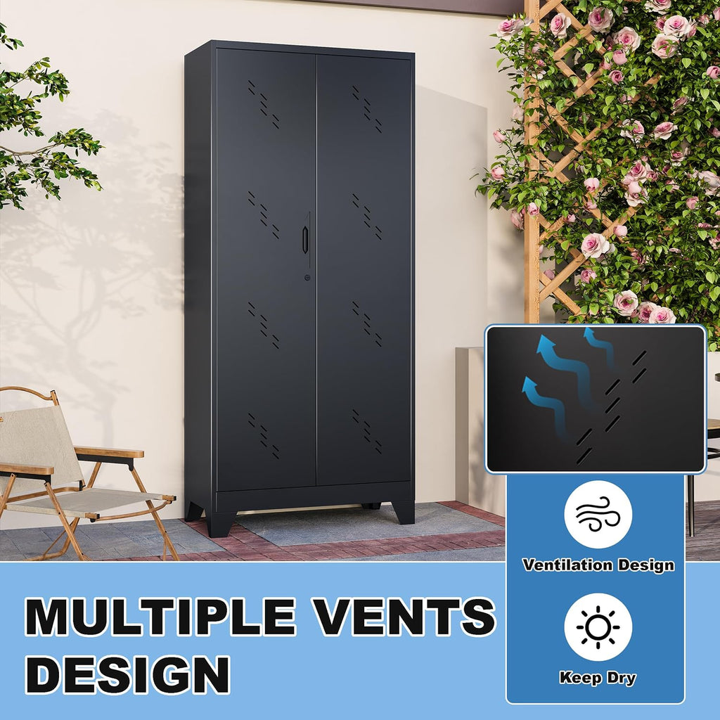 71' Outdoor Storage Cabinet – Heavy-Duty Lockable Metal Shed with Ventilated Doors, Perforated Stainless-Steel Bottom, Hanging Rod & Hooks, Easy Assembly