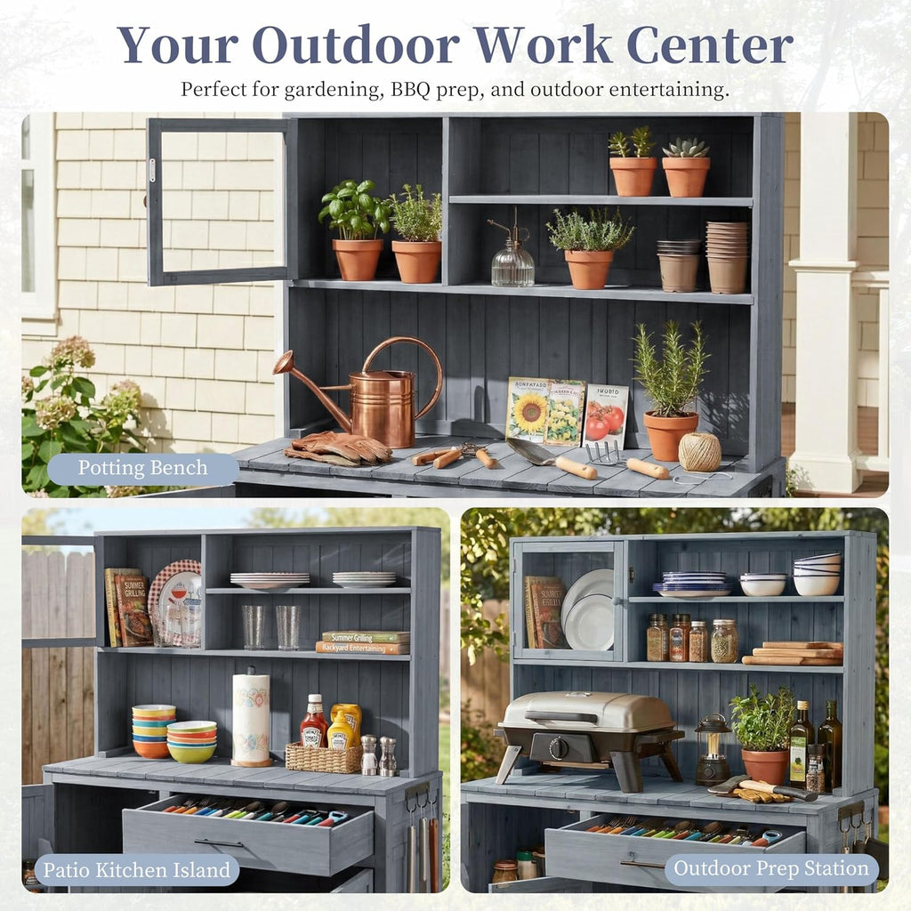 65' H Potting Bench with Hutch, Solid Fir Wood Patio Kitchen Island with Adjustable Shelves, 2-Tier Inner Spice Rack in Door, Side Hook and Drawer, Large Countertop, Magnetic Stoppers (Gray-115)