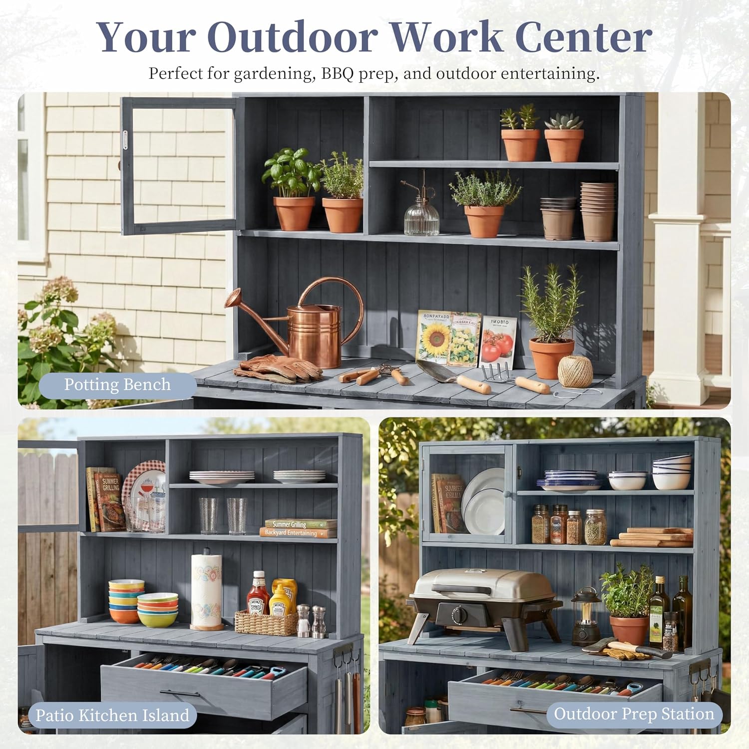 Potting Bench with Hutch, 65' H Solid Fir Wood Garden Workstation, Large Countertop, Patio Kitchen Island with Adjustable Shelves, Spice Rack, Side Hook and Drawer (Gray-P1)