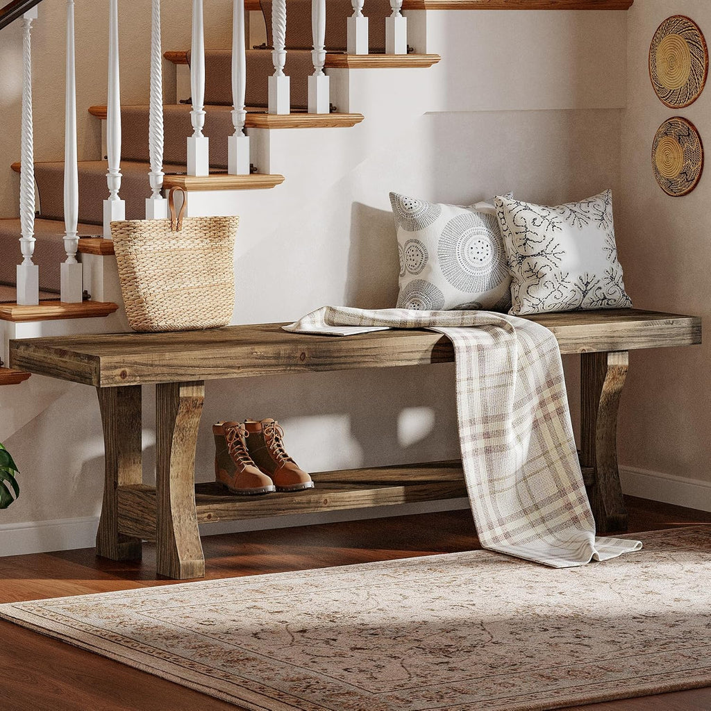 Solid Wood Entryway Bench, 55' End of Bed Bench, Long Indoor Dining Seat for Hallway, Bedroom, Living Room, Dining Room, Easy Assembly, Dark Brown
