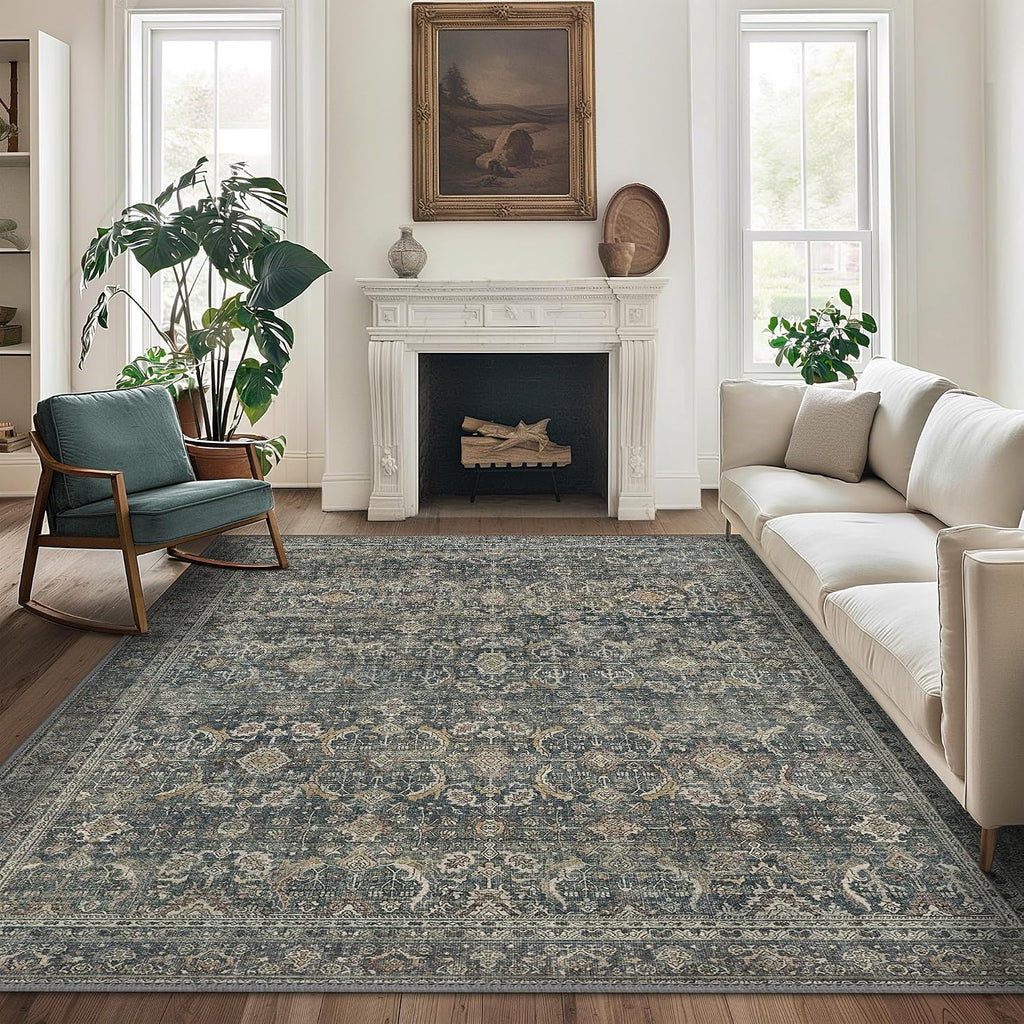 BESBLEE 9X12 Area Rugs Machine Washable Rugs for Living Room, Vintage Boho Large Rugs for Bedroom Dining Room, Non Slip Indoor Soft Distressed Lightweight Thin Low Pile Carpet, Deep