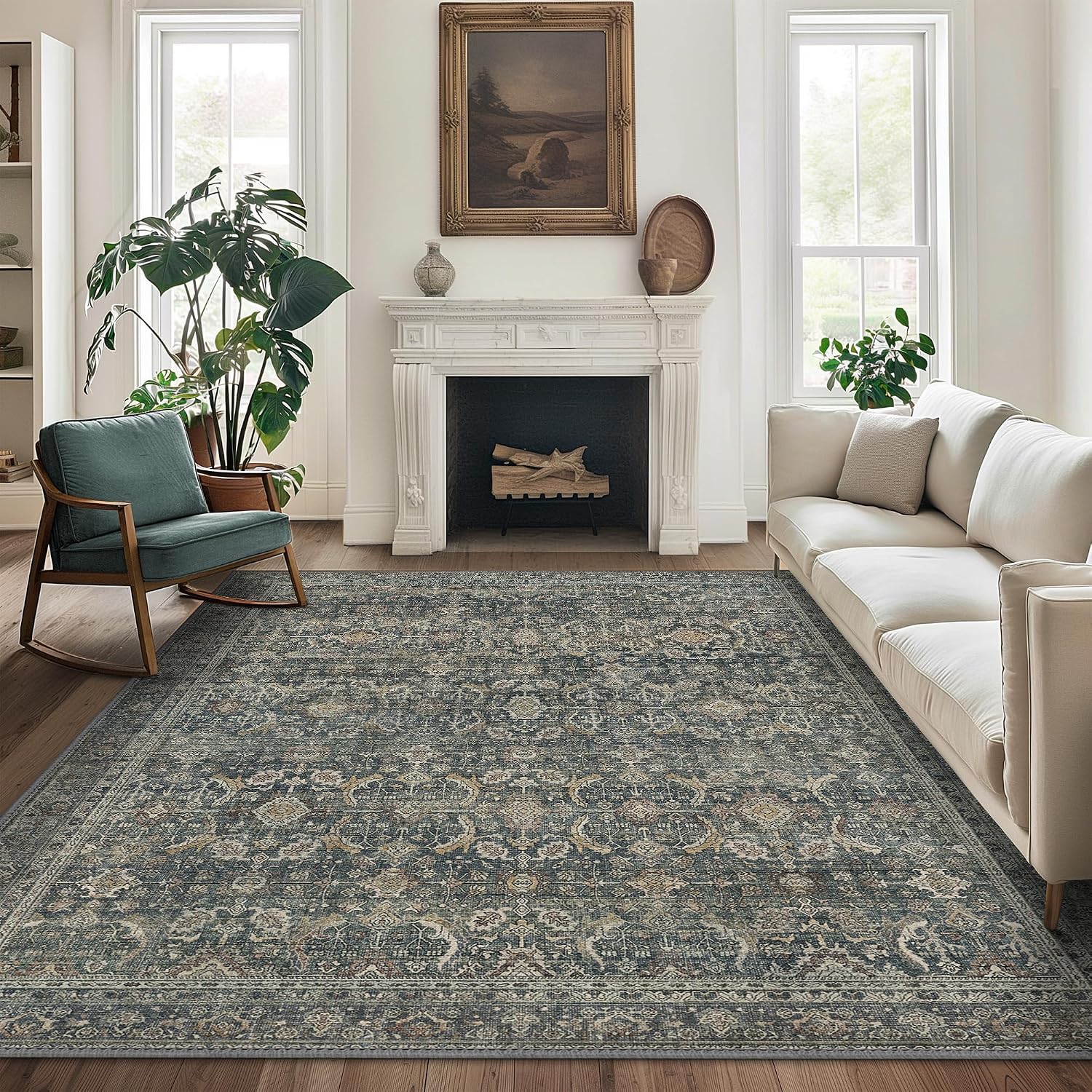 BESBLEE 9X12 Area Rugs Machine Washable Rugs for Living Room, Vintage Boho Large Rugs for Bedroom Dining Room, Non Slip Indoor Soft Distressed Lightweight Thin Low Pile Carpet, Deep