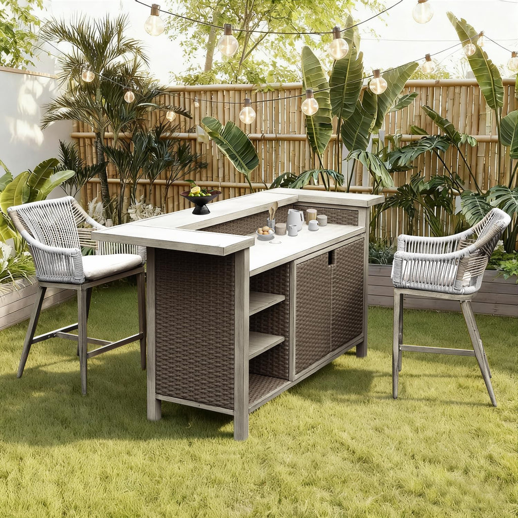 Domi Outdoor Home Bar Unit Set of 3, All-Weather Wicker & Aluminum Frame Farmhouse Bar Table with 2 Counter Height Stools with Shelves and Cabinet, for Patio, Kitchen Island, Indoor Outdoor Use