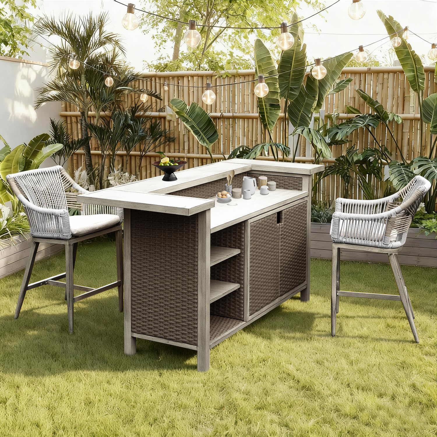 Domi Outdoor Home Bar Unit Set of 3, All-Weather Wicker & Aluminum Frame Farmhouse Bar Table with 2 Counter Height Stools with Shelves and Cabinet, for Patio, Kitchen Island, Indoor Outdoor Use