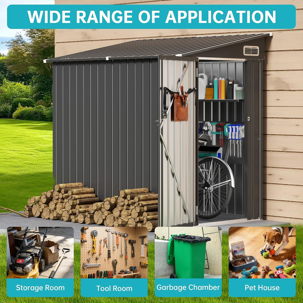 4x6 Lean to Yard Storage Shed, Outdoor Lean to Storage Sheds, Metal Wall Side Bike Shed with Lockable Door for Tool Garden Sheds for Patio Lawn Yard, Black