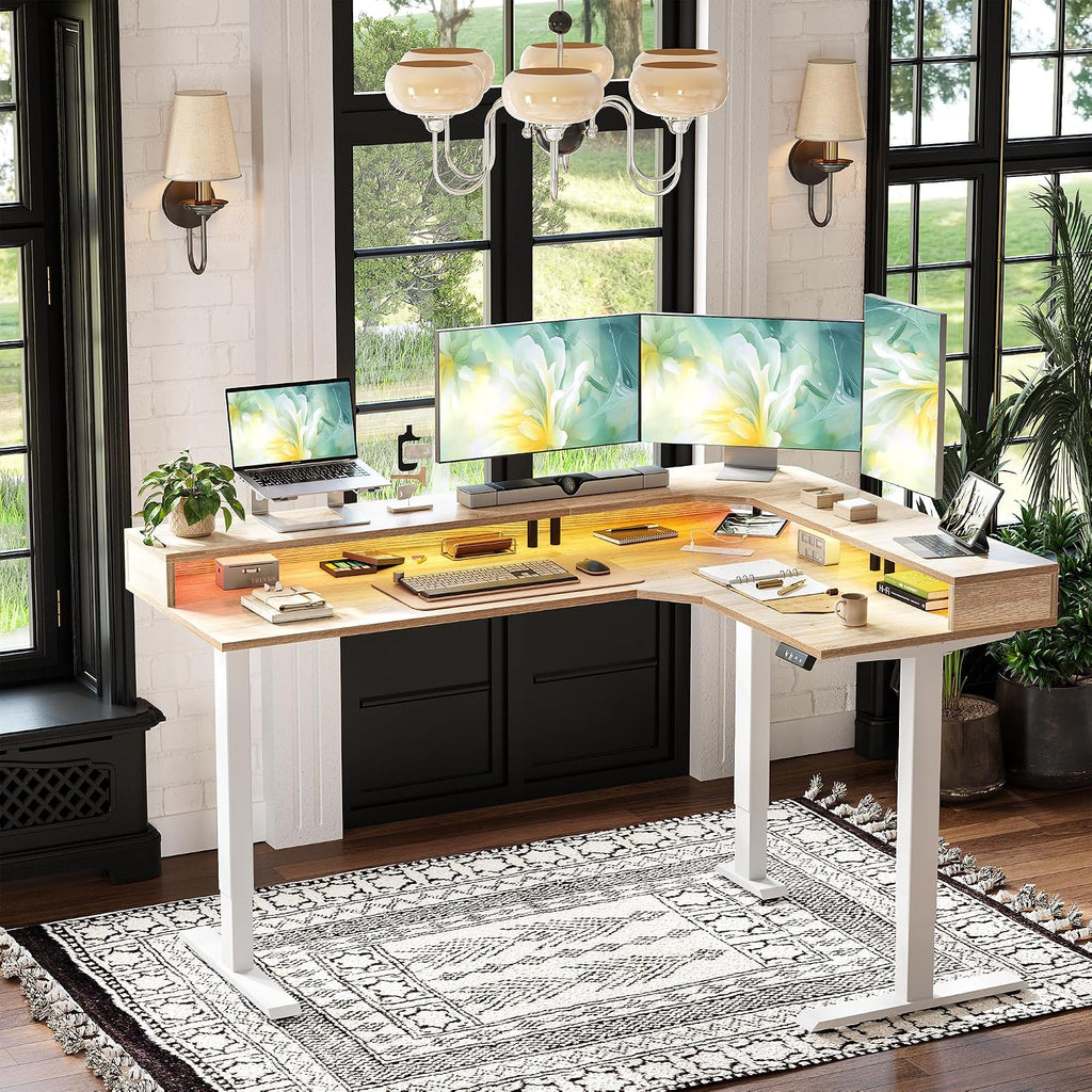 TIQLAB 63'' L-Shaped Standing Desk with LED Light Strip and Power Outlet, Height Adjustable Corner Table with Ergonomic Monitor Stand, Maple