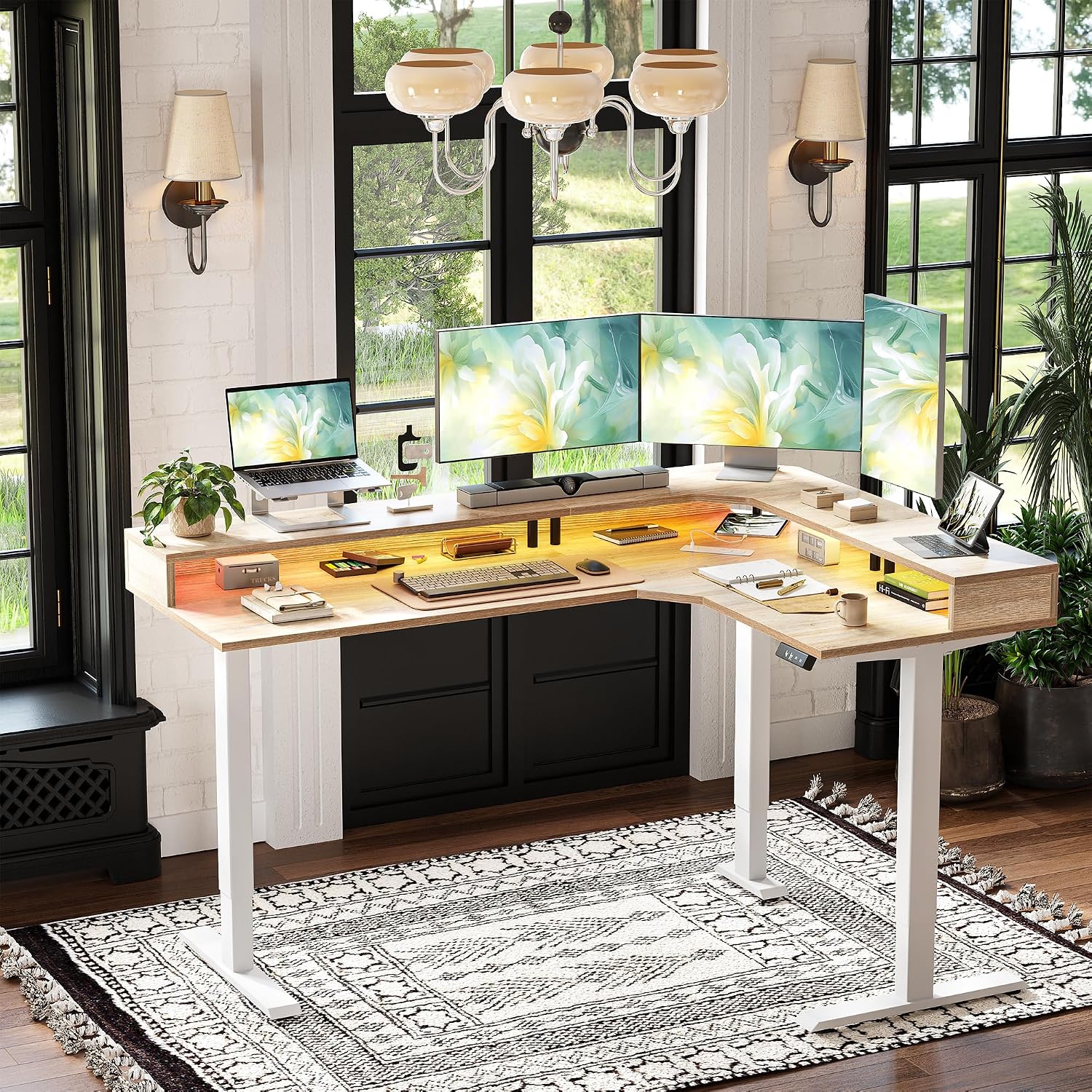 TIQLAB 63'' L-Shaped Standing Desk with LED Light Strip and Power Outlet, Height Adjustable Corner Table with Ergonomic Monitor Stand, Maple