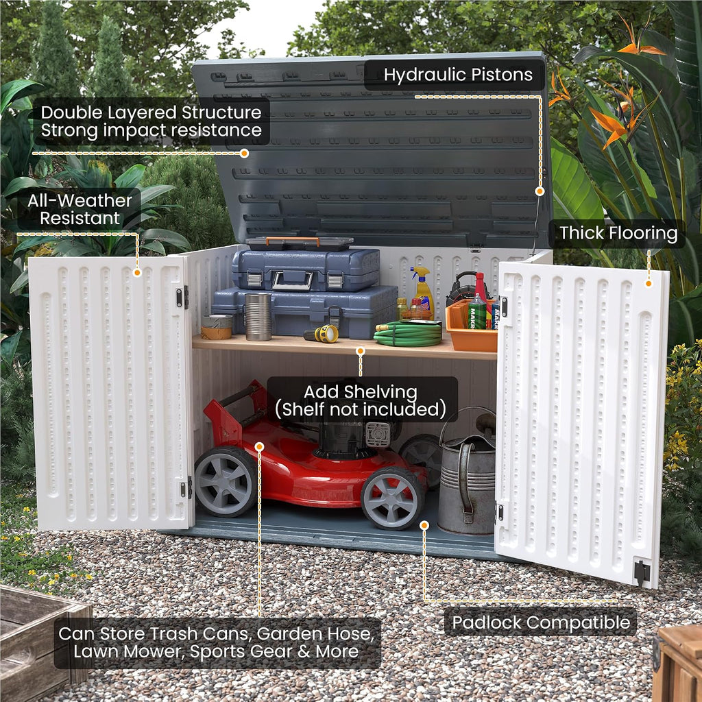 Amopatio Premium Resin 35 Cu Ft Outdoor Storage Shed, Horizontal Resin Trash Can Storage, Weather Resistance Outdoor Cabinet W/Lock Shed for Garbage Cans, Garden Tools, Lawn Mowers,Patio,White