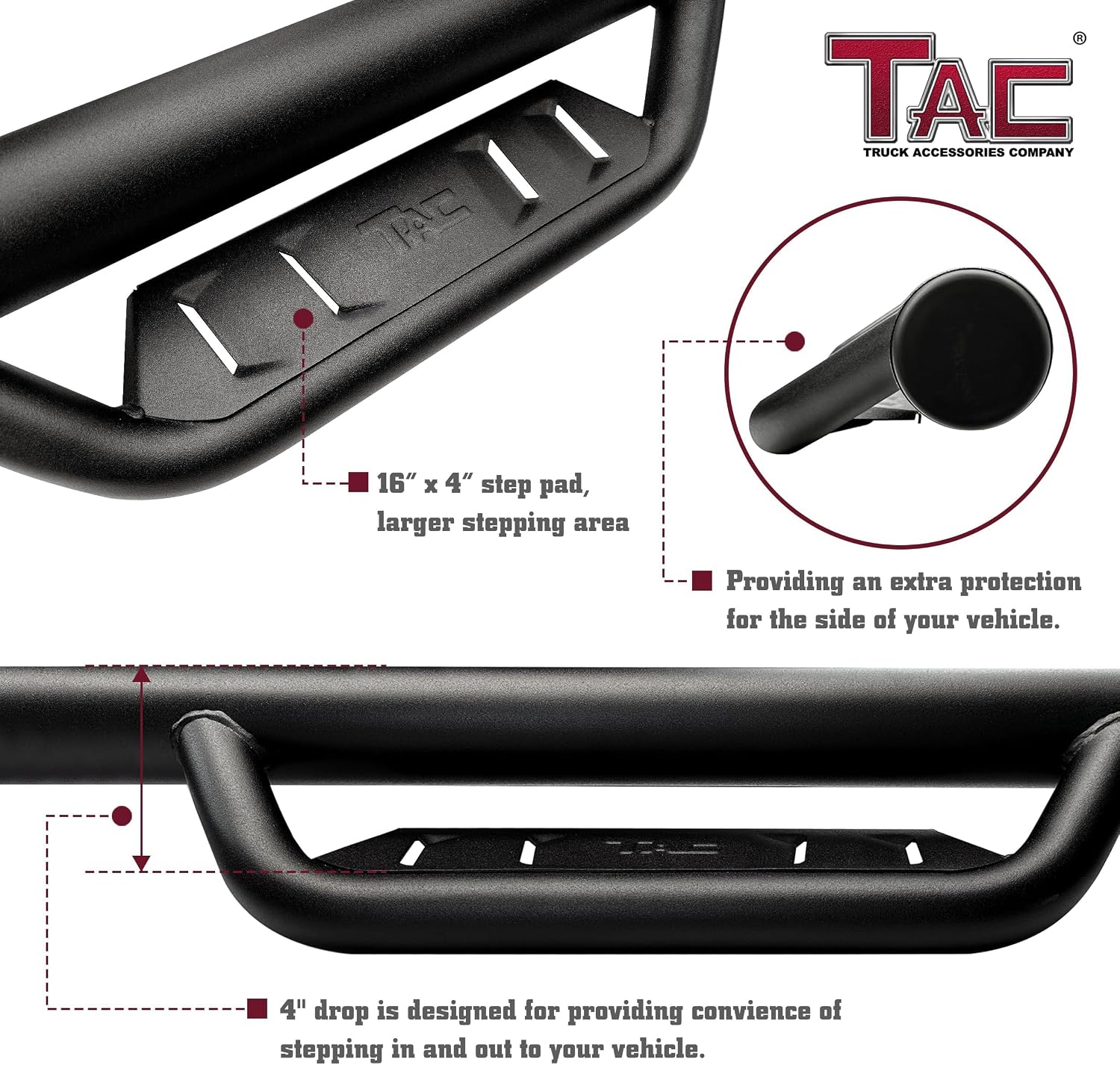TAC Side Steps Compatible with 2020-2025 Jeep Gladiator JT | 4' Drop Running Boards Nerf Bars | Pickup Truck Off-Road Exterior Accessories | Fine Texture Black 2pcs