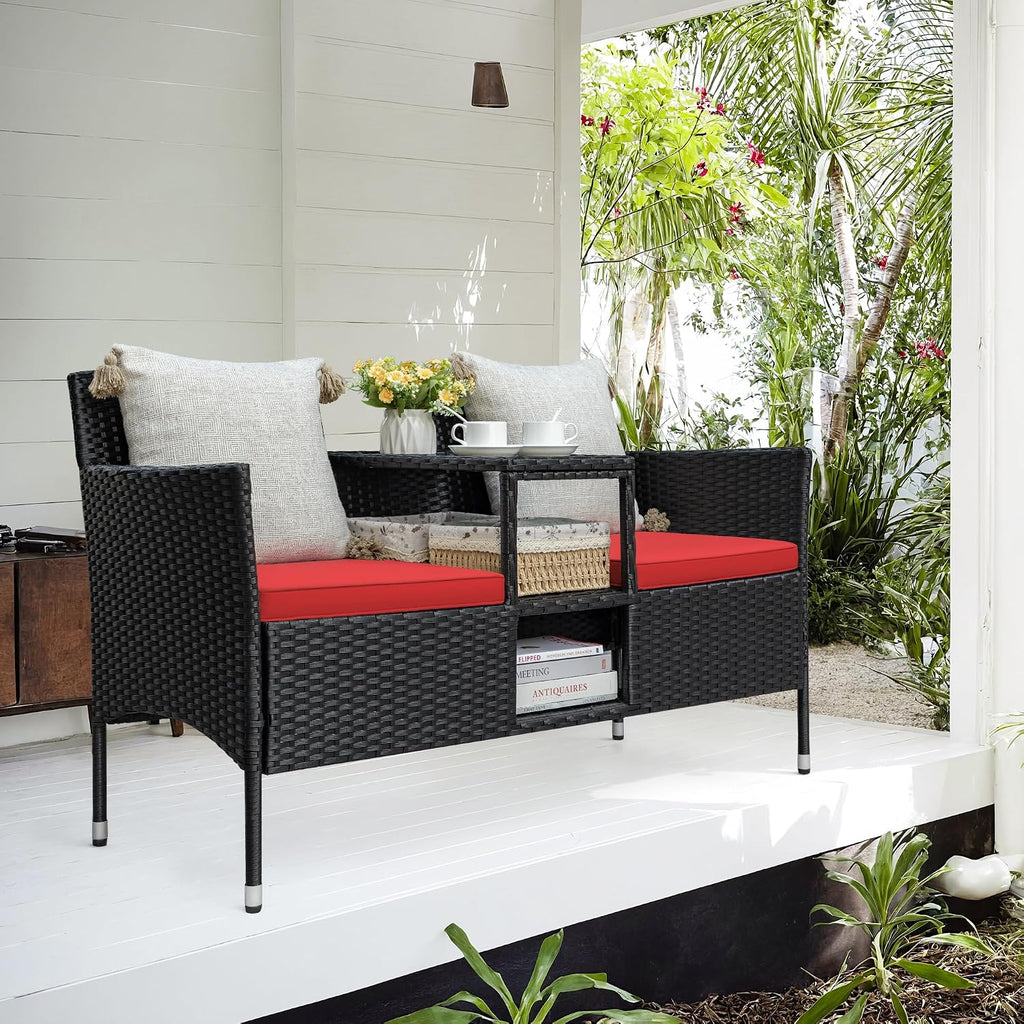 Greesum Patio Loveseat Outdoor Wicker Furniture Conversation Set with Soft Cushions & Built-in Coffee Table for Lawn Garden Backyard, Red