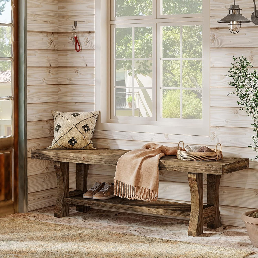 Solid Wood Entryway Bench, 55' End of Bed Bench, Long Indoor Dining Seat for Hallway, Bedroom, Living Room, Dining Room, Easy Assembly, Dark Brown