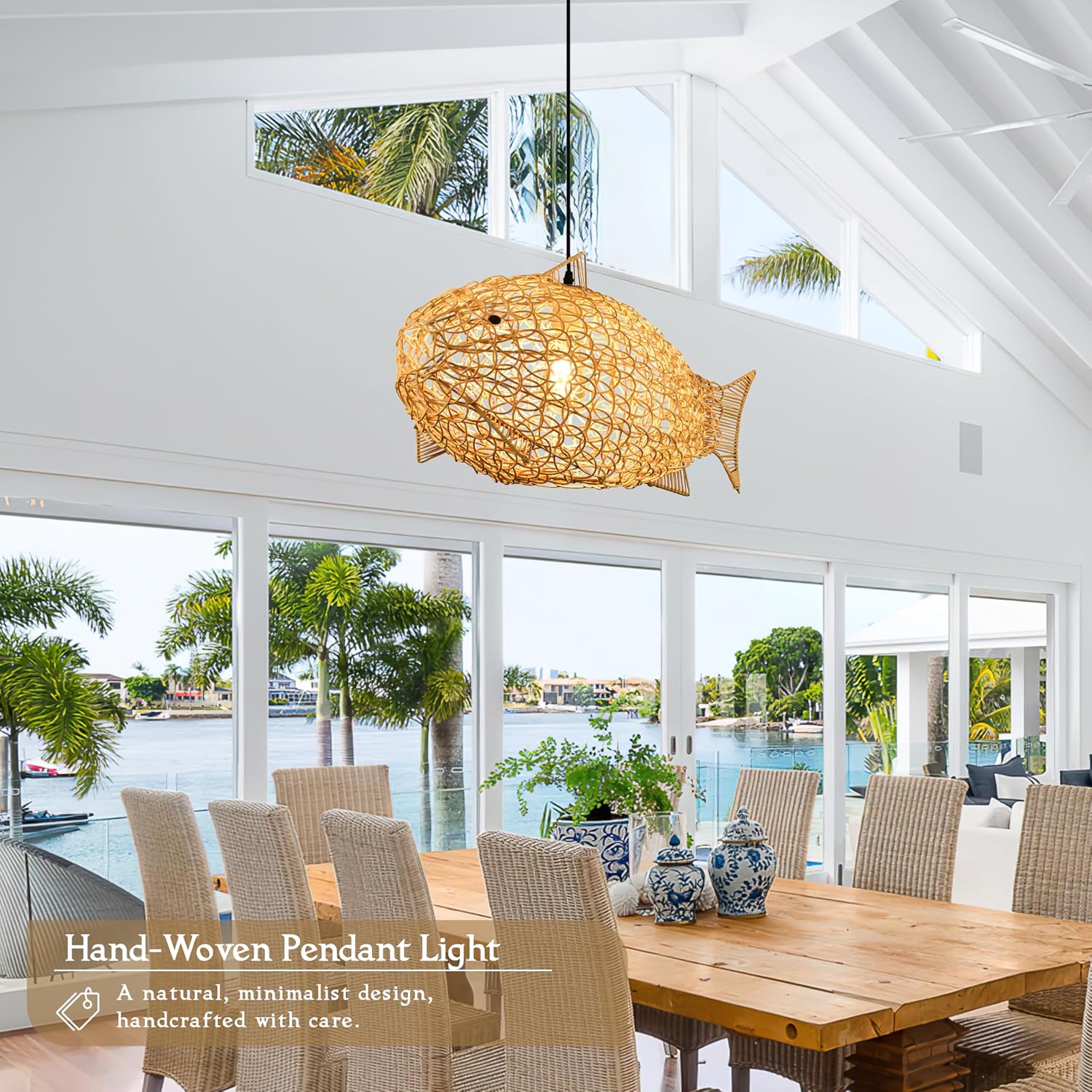 24 inch Fish-Shaped Rattan Woven Pendant Light Boho Chandelier Rustic Farmhouse Chandelier Rattan Light Fixture for Dining Room Living Room Bedroom Kitchen Foyer(Bulb Included)