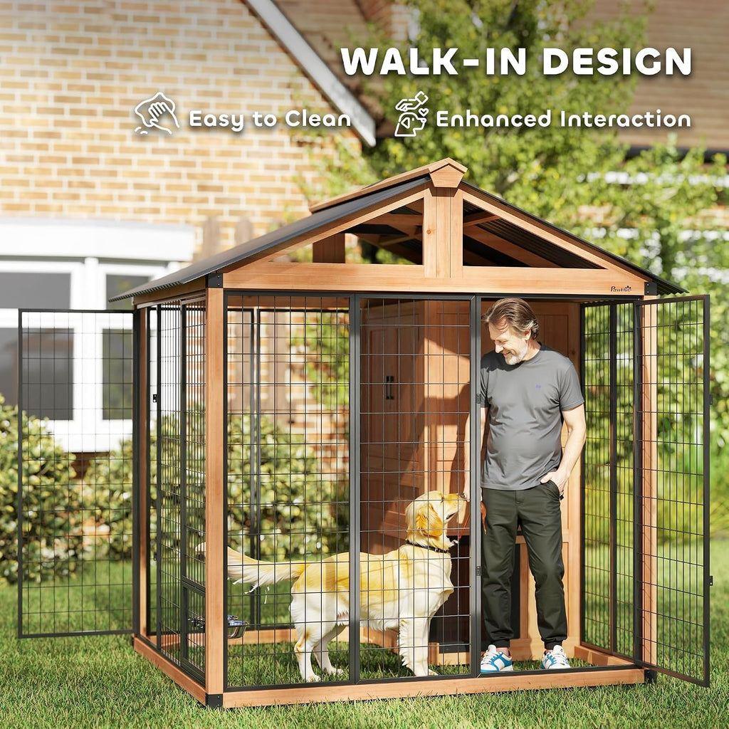 PawHut 7' x 6' Extra Large Outdoor Dog Kennel, Walk-in Wood Dog House with Internal Storage Cabinet, Pet Shelter with Waterproof Roof, Stainless Steel Bowls, Feeding Door for Large Breeds, Yellow