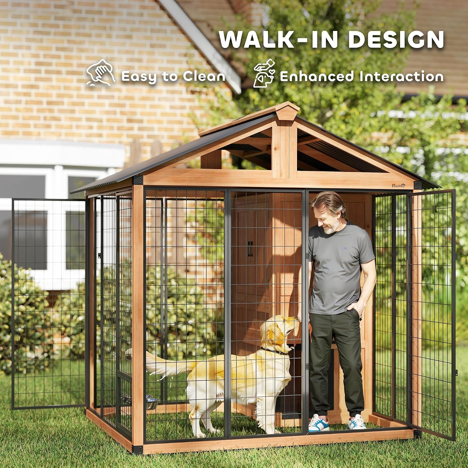 PawHut 7' x 6' Extra Large Outdoor Dog Kennel, Walk-in Wood Dog House with Internal Storage Cabinet, Pet Shelter with Waterproof Roof, Stainless Steel Bowls, Feeding Door for Large Breeds, Yellow