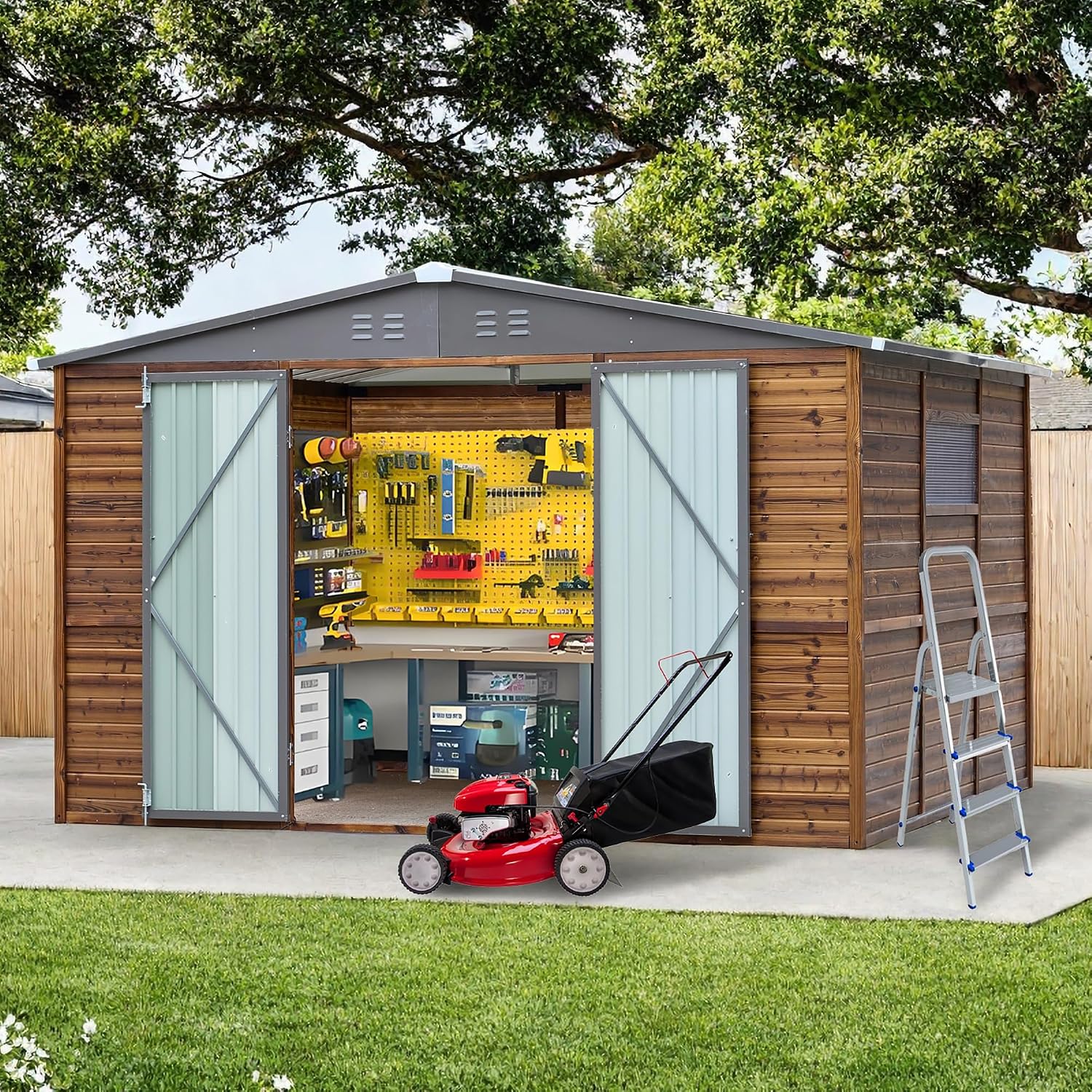 Endark 8x10FT Outdoor Storage Shed with Window, Lockable Sliding Doors & Metal Sloped Roof, Waterproof & Rust-Resistant for Garden, Backyard, Patio, Lawn, for Backyard Tools Storage