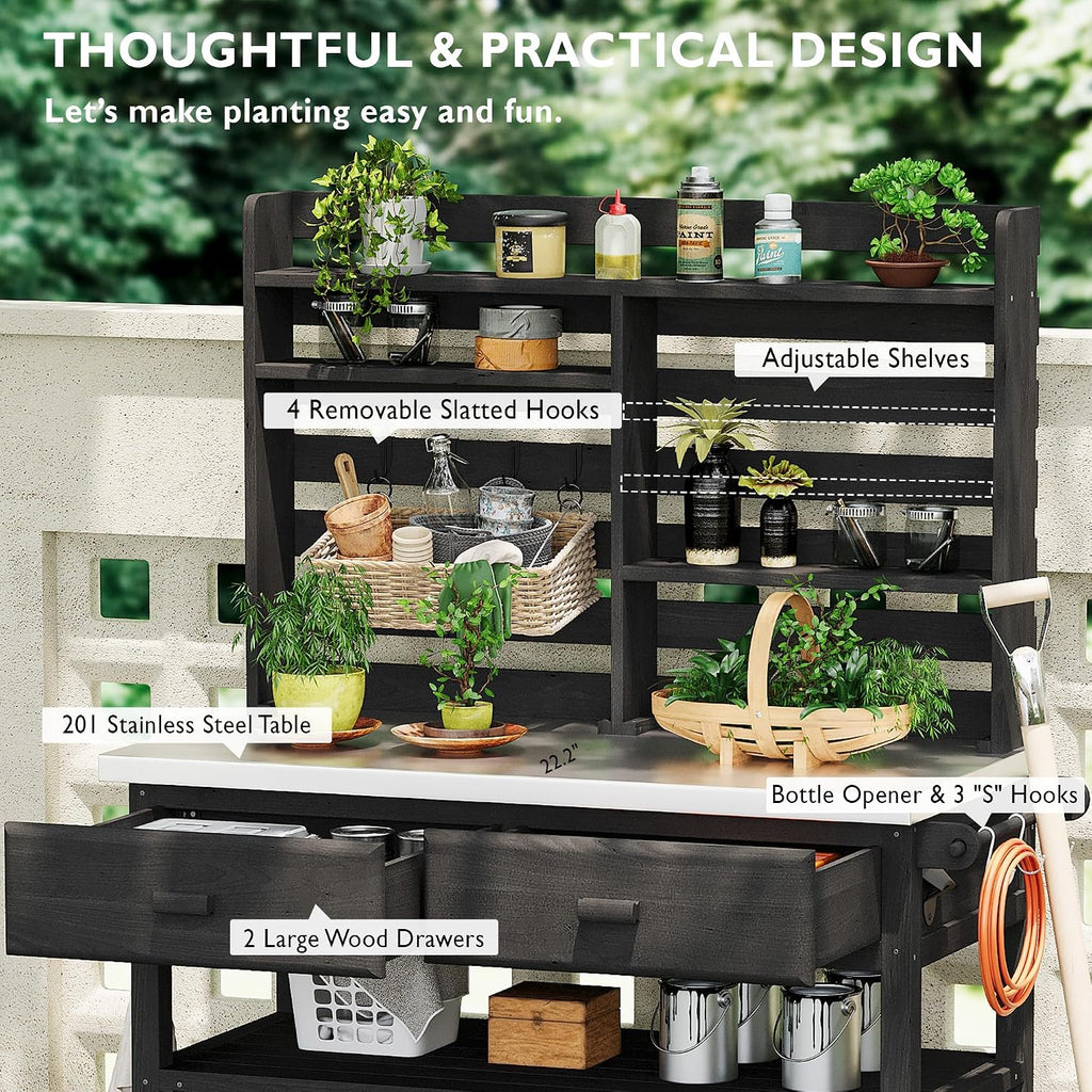 64.9' H Outdoor Potting Bench Table with Lockable Wheels,Solid Wood Outdoor Kitchen Island with Upper Hutch,Stainless Steel Top,Towel Rack,Outdoor Storage for Grilling,Lawn Garden,Grey Blue
