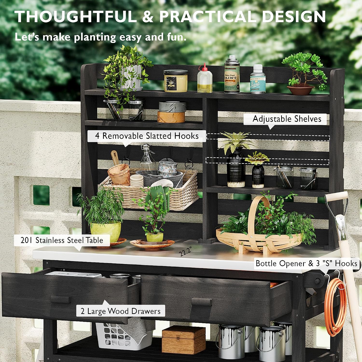 64.9' H Outdoor Potting Bench Table with Lockable Wheels,Solid Wood Outdoor Kitchen Island with Upper Hutch,Stainless Steel Top,Towel Rack,Outdoor Storage for Grilling,Lawn Garden,Grey Blue