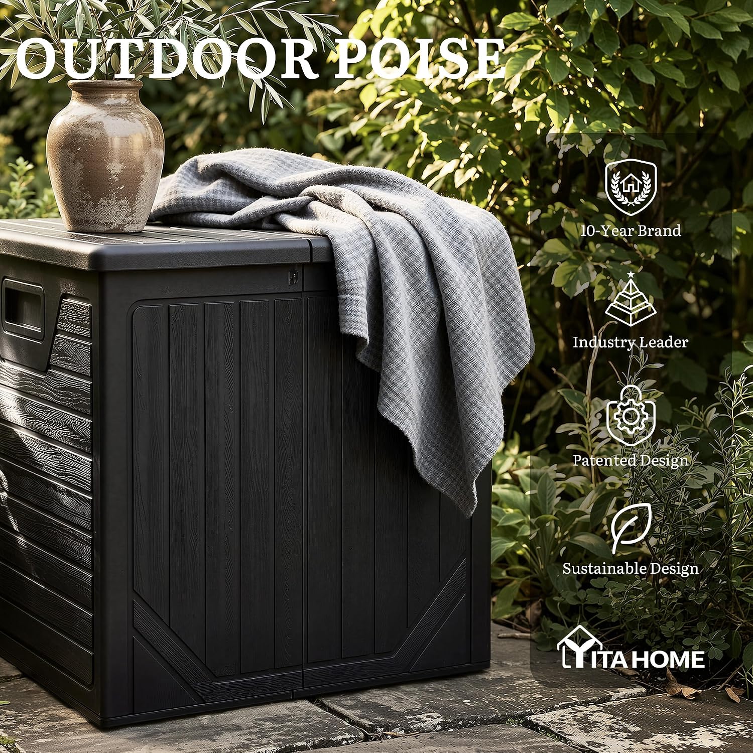 YITAHOME 150 Gallon Large Outdoor Storage Box w/Double Wall, Waterproof Deck Box with Hydraulic Piston for Garden Tools, Pool Accessories & Cushions, Resin Deck Organizer with Bench Seat(Black)