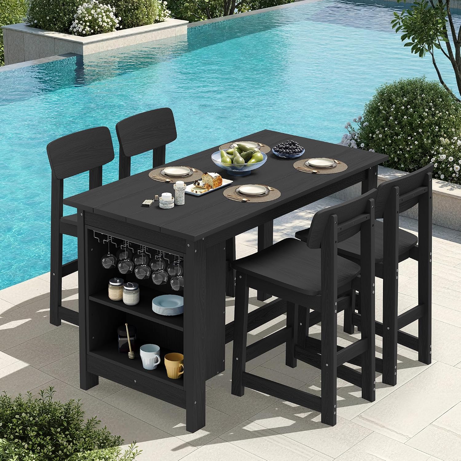 SERWALL Outdoor Bar Table and Chairs Set, 5-Piece HDPE Counter Height Patio Dining Sets with Storage and Wine Rack, High Top Bar Table with 4 Bar Stools for Garden, Backyard, Black