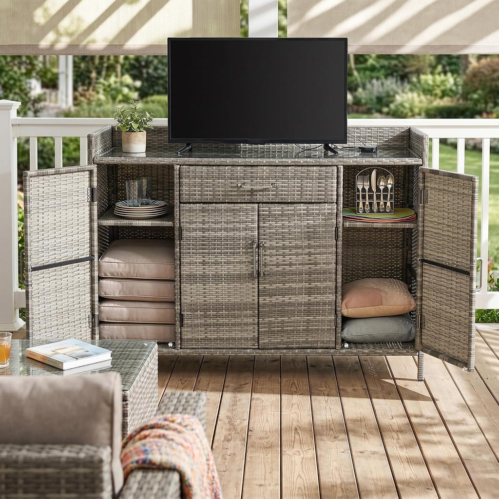 53.2' W Outdoor Weather-Proof Rattan Storage Cabinet with Tempered Glass Top, Outdoor Wicker Bar Table with One Large Drawer & Adjustable Shelves for Patio, Garden, Pool, Grey