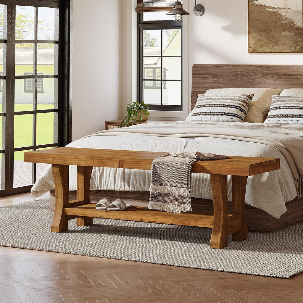 Solid Wood Entryway Bench, 55' End of Bed Bench, Long Indoor Dining Seat for Hallway, Bedroom, Living Room, Dining Room, Easy Assembly, Brown