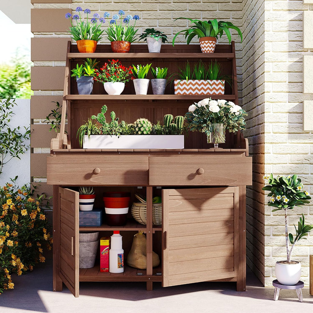 65inch Garden Potting Bench Table, Fir Wood Workstation with Storage Shelf, Drawer and Cabinet for Mudroom,Doorway (Brown2, 65')
