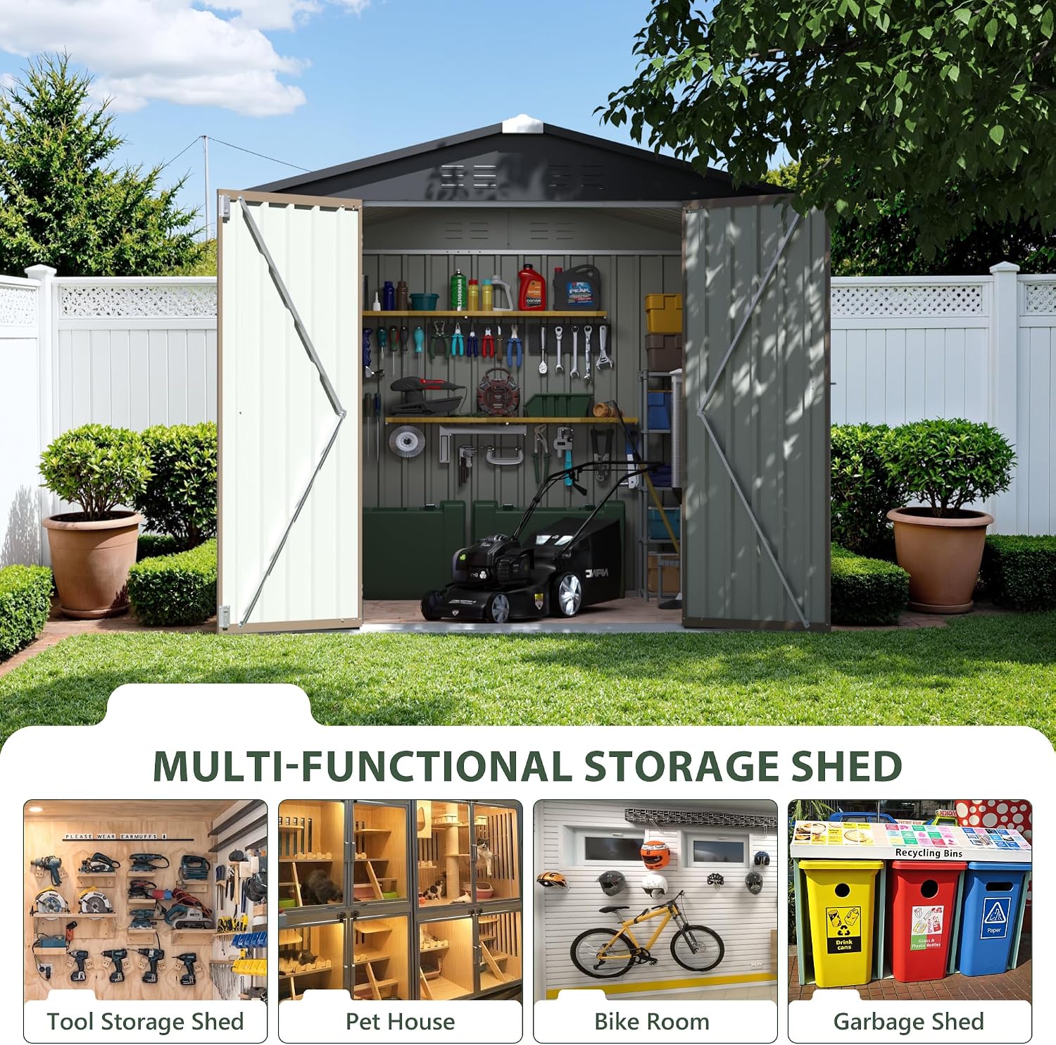JUMMICO 8x8 FT Outdoor Storage Shed, Heavy Duty Tool Metal Sheds with Lockable Doors and Updated Frame Structure for Backyard Patio Lawn, Brown