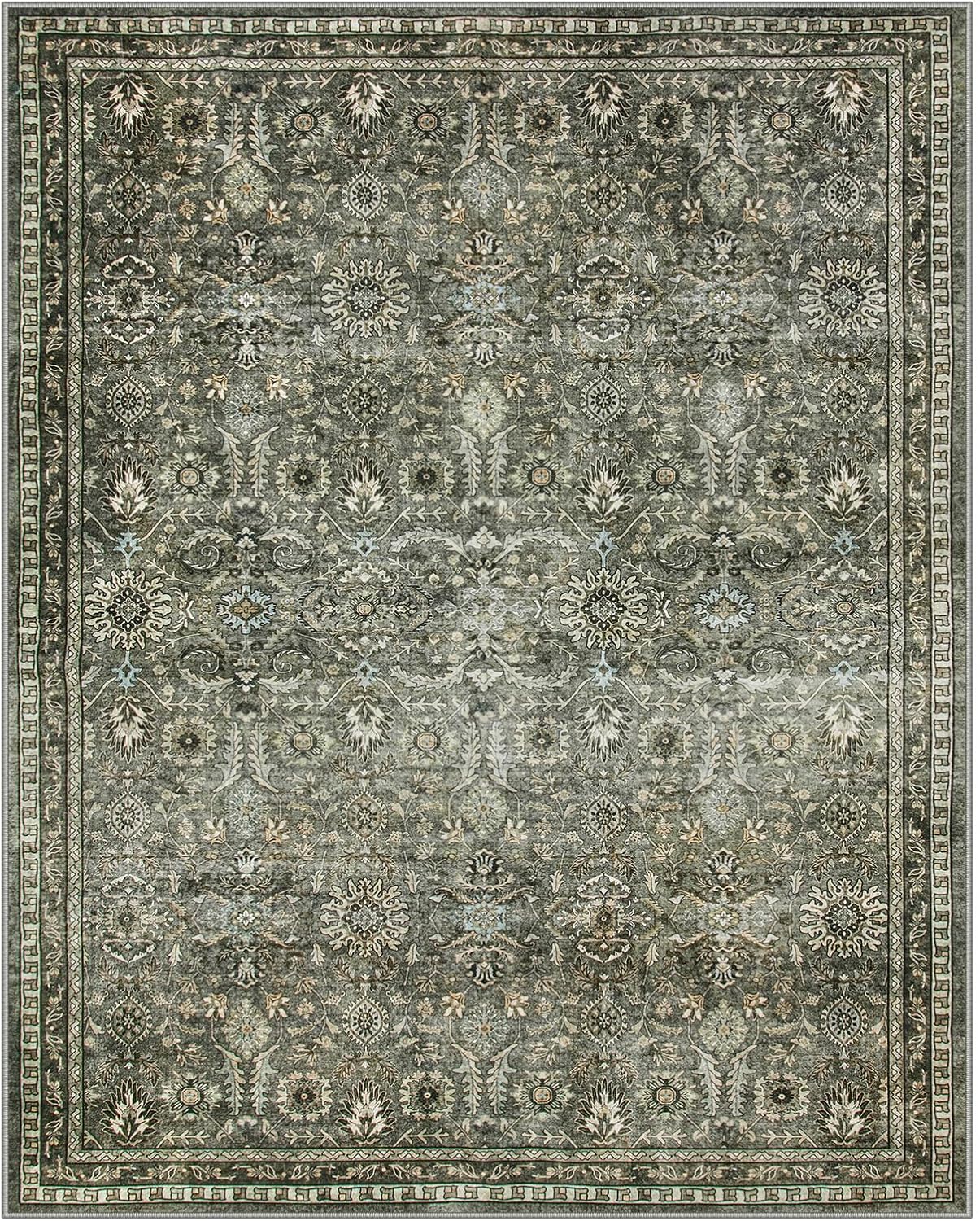 Lahome Mirae Green 8x10 Rugs for Living Room, Boho Washable Area Rugs for Bedroom, Rubber Backed Non Slip Floor Carpets for Dining Room Home Apartment, Dark Olive Green