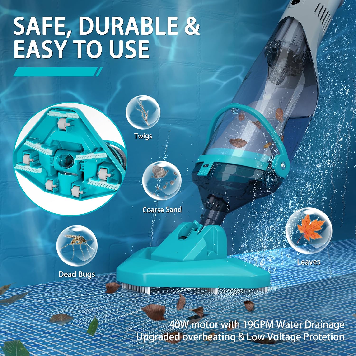 Cordless Pool Vacuum for Above Ground, Handheld Pool Spa Vacuum Cleaner for Inground Pools Hot Tub, Rechargeable, 60' Extendable Pole, up to 19.5 GPM for Leaves, Debris, Shallow Steps