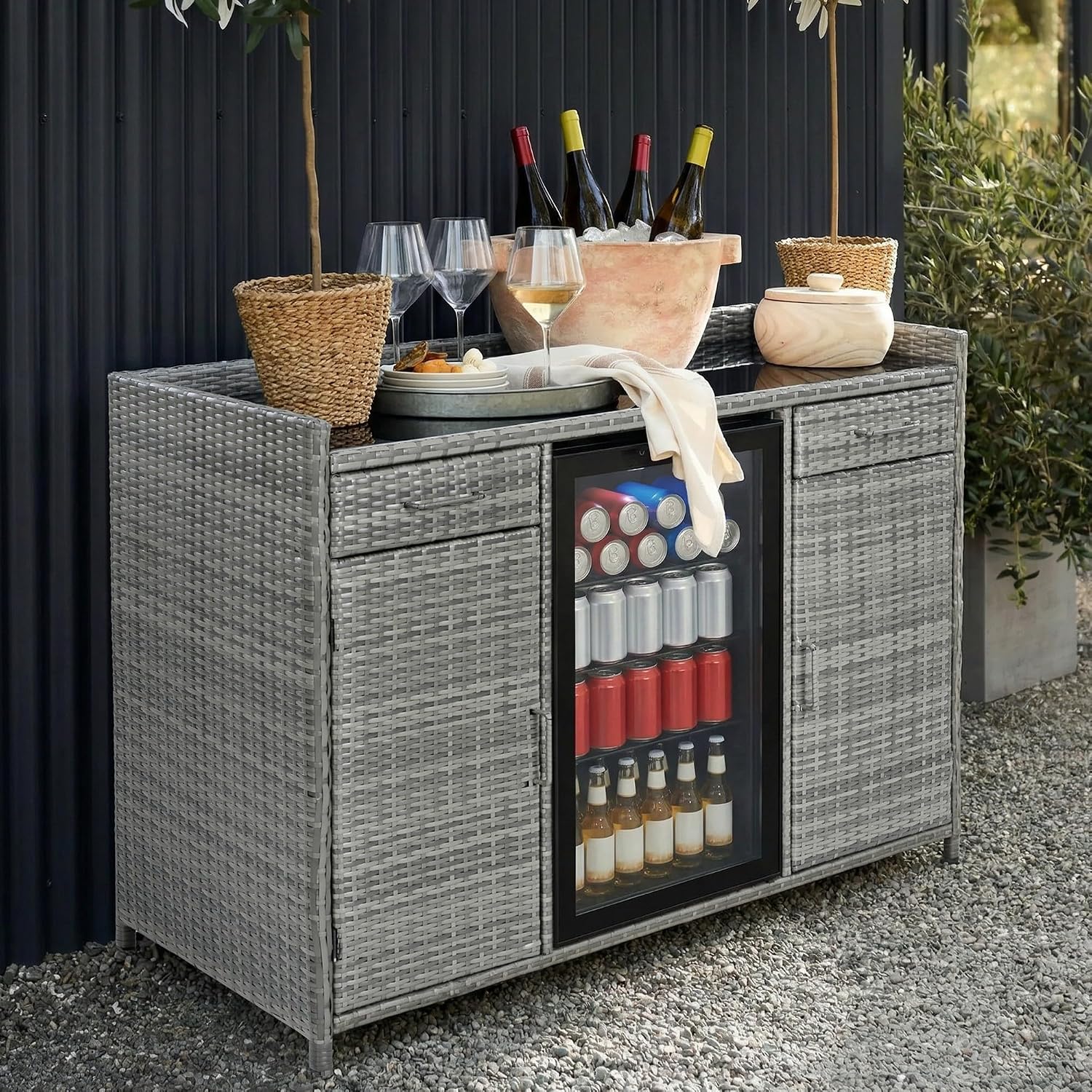 53.5' W Outdoor Wicker Storage Cabinet with Fridge Space, Weatherproof Patio Mini Fridge Bar Cabinet with Adjustable Shelves & Drawers for Outdoor Pool, Towel Storage, Garden, Kitchen, Grey