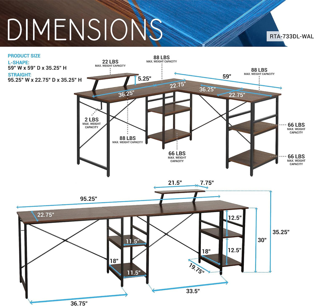 Techni Mobili Office Desk - Reversible L Shaped Desk with Storage Shelves, Monitor Stand & Accessory Holder - Ergonomic & Industrial Workstation Corner Table with Durable Steel Frame, Walnut