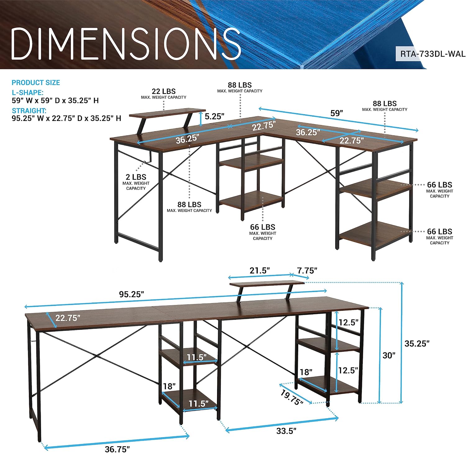 Techni Mobili Office Desk - Reversible L Shaped Desk with Storage Shelves, Monitor Stand & Accessory Holder - Ergonomic & Industrial Workstation Corner Table with Durable Steel Frame, Walnut