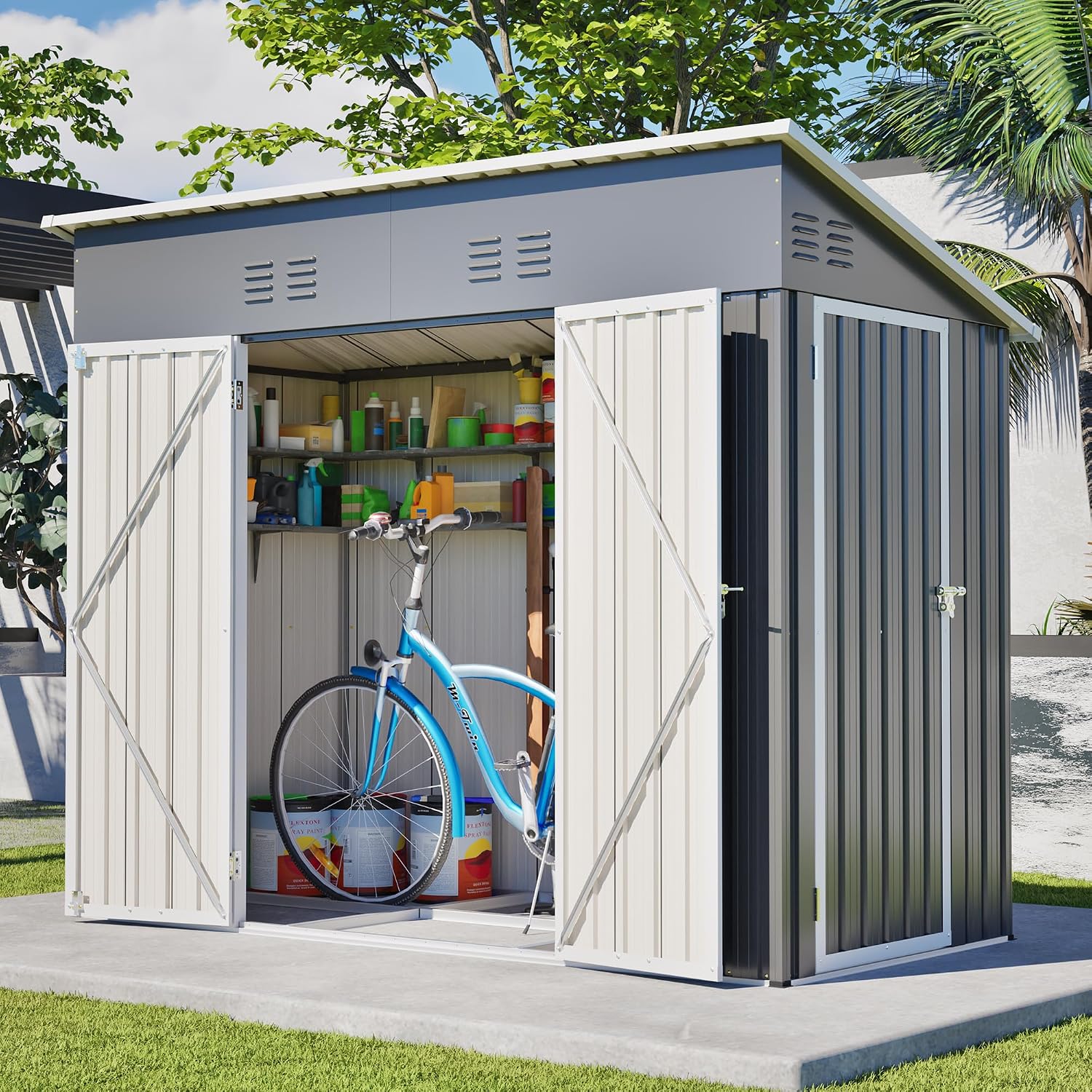 YOPTO 4x8 FT Outdoor Storage Shed,Slope Roof Storage Metal Garden Shed Steel with Reinforced Beams,All Weather Waterproof Garden Tool House W/Lockable Door & 4 Air Vents,for Backyard,Patio,Lawn,Grey