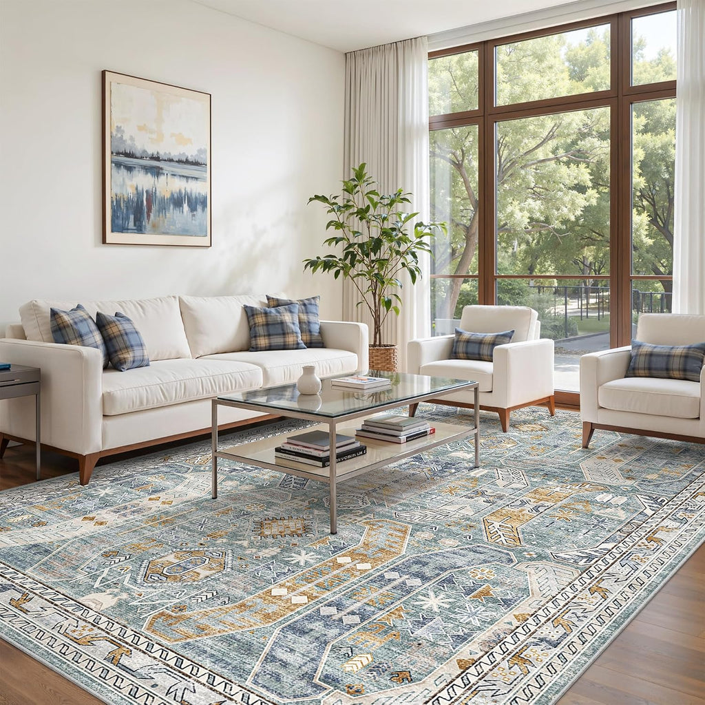 befbee 9x12 Area Rug,Ultra-Thin Washable Rugs for Living Room,Non-Slip Lightweight Foldable Area Rug,Stain Resistant Vintage Large Rugs (Blue/Gold,9'x12')
