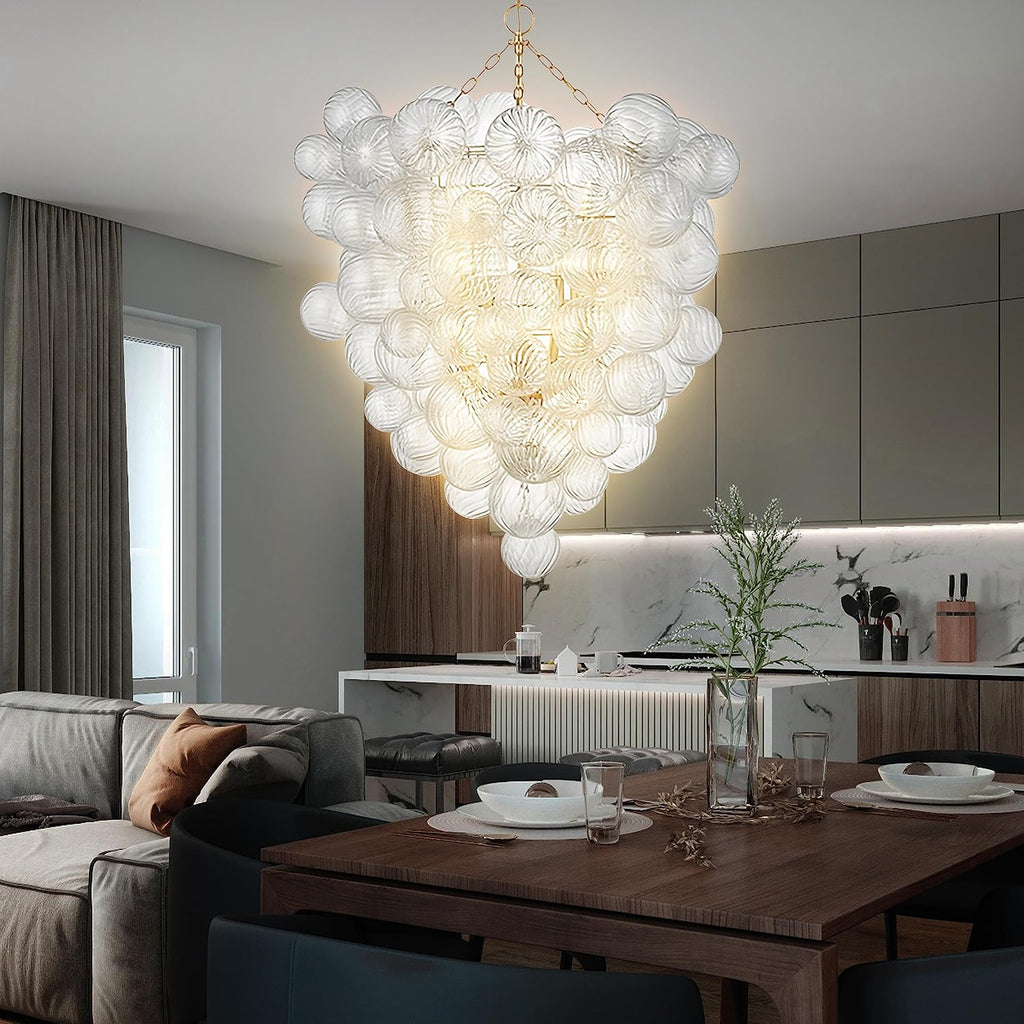 Longree Mid Century Bubble Ball Swirled Glass Chandelier, 36 * 44 in. 2-Tier Frame Gild Gold and Clear Blown Glass Large Cluster Bbble Pendant Light Fixture for Bedroom Restaurant Dining Room