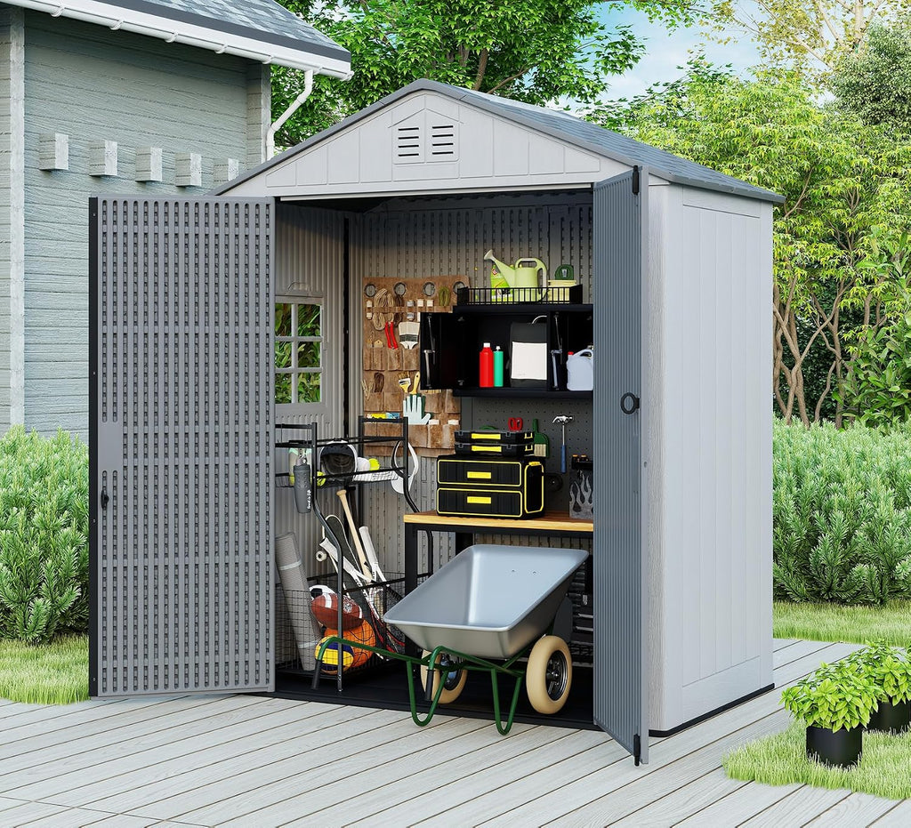 ZZM Outdoor Storage Shed 6x4 Ft, All-Weather Resistant Resin Garden Sheds & Outdoor Storage Clearance with Floor and Windows, Double-Layer Plastic Tool Shed for Backyard, Patio & Lawn (Gray)