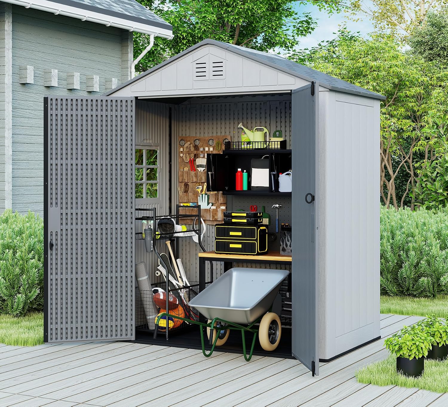 ZZM Outdoor Storage Shed 6x4 Ft, All-Weather Resistant Resin Garden Sheds & Outdoor Storage Clearance with Floor and Windows, Double-Layer Plastic Tool Shed for Backyard, Patio & Lawn (Gray)