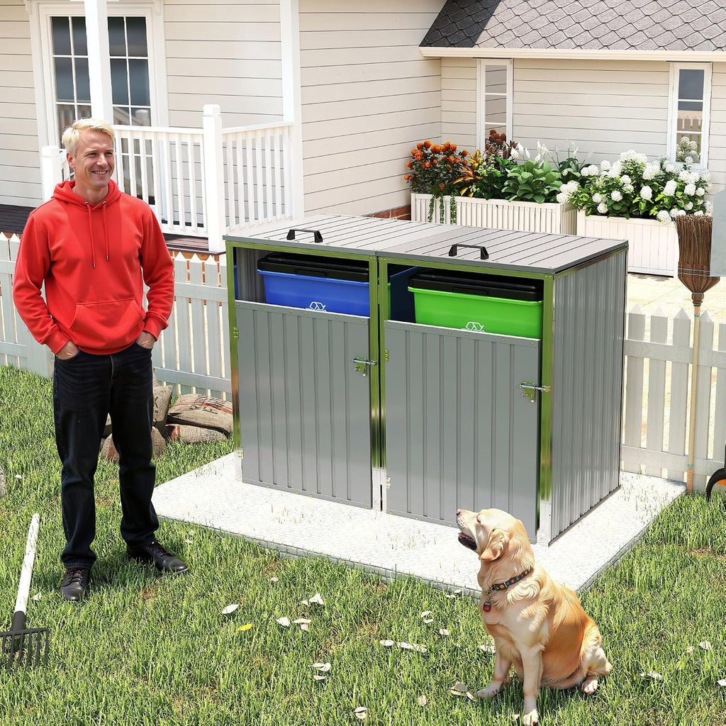 YOPTO Outdoor Storage Shed Metal Trash Can Storage,54 Cu.Ft Garbage Can Storage Shed W/Lid Chain,Hydraulic Mechanism & Pneumatic Spring Support Rods,for 2 Trash Bins,Bike,Garden Tools,Light Gray