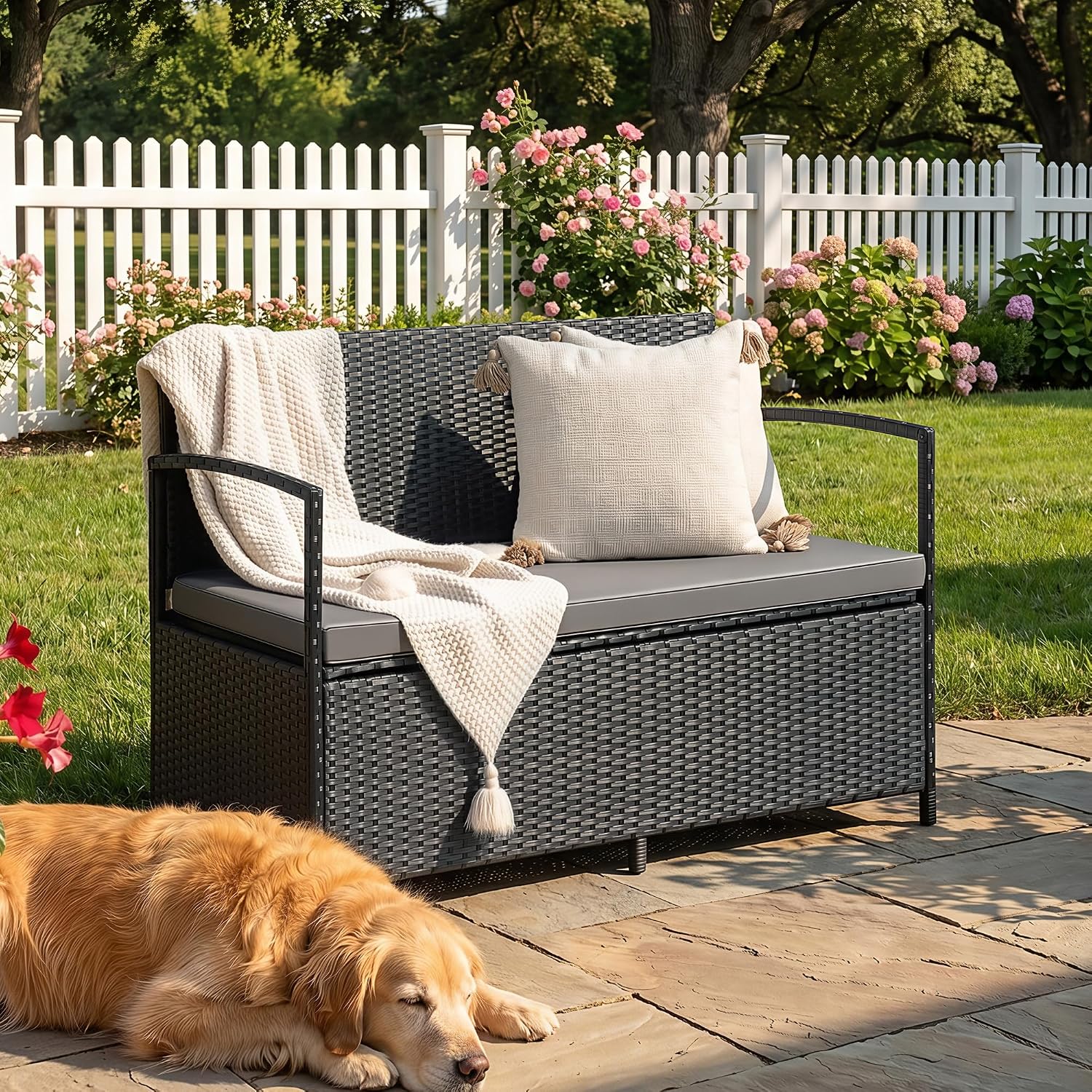 Flamaker Patio Loveseat Wicker Outdoor Furniture, All Weather Rattan Conversation Bench Chair with Large Storage Capacity and Cushions for Backyard, Outside Patio Porch (Black)
