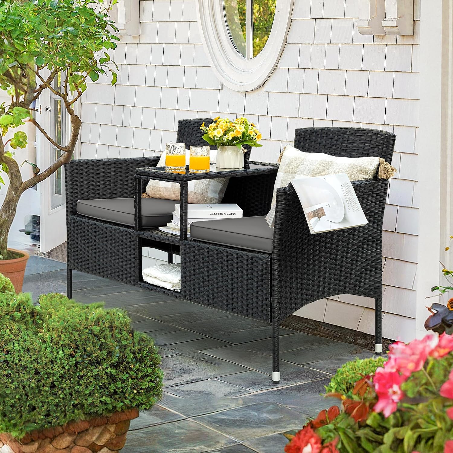 Flamaker Outdoor Furniture Patio Loveseat Wicker 2-Seat with Built-in Table and Cushions Rattan Porch Chairs Bench for Balcony, Lawn, Backyard (Grey)