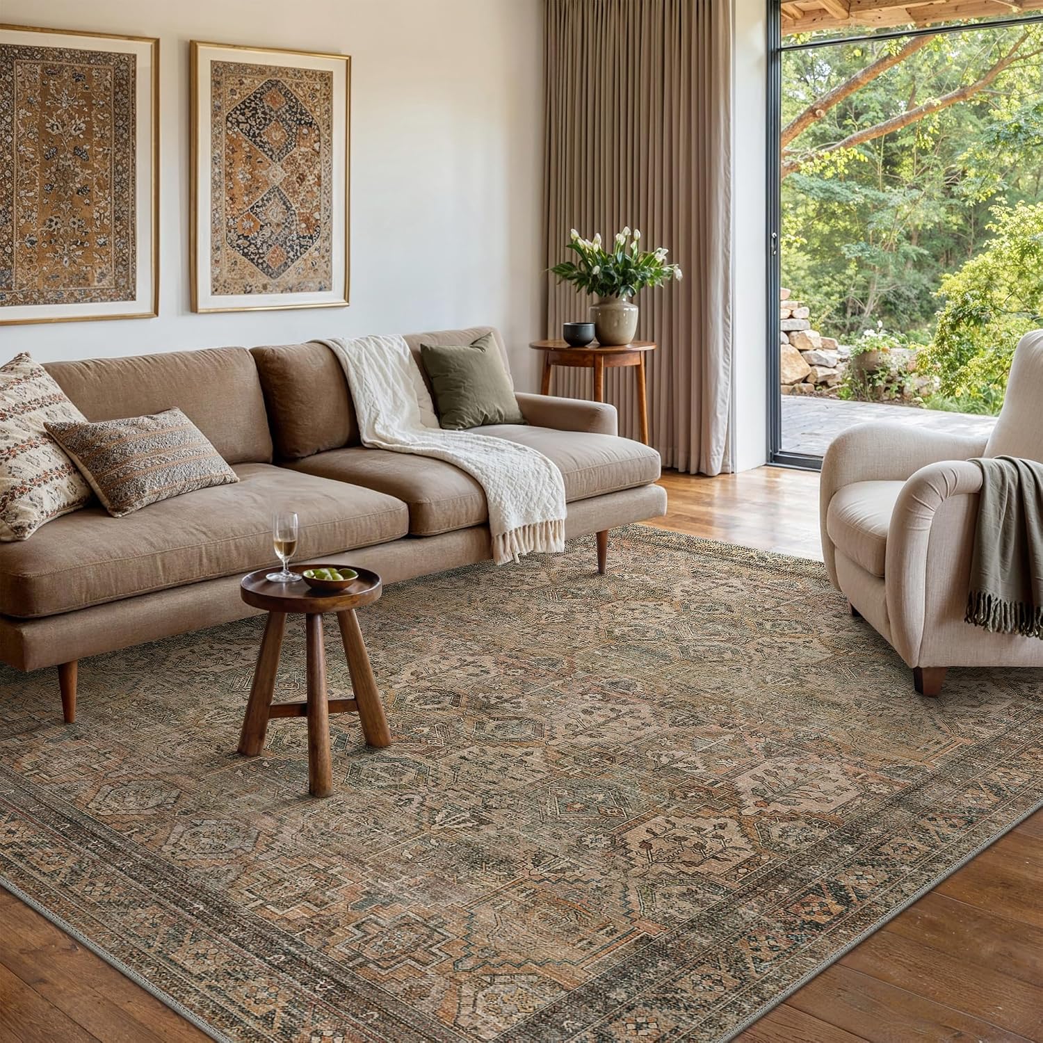 Bavni Washable Rug 10x14 Area Rug for Living Room Bedroom Dining, Washable Vintage Print Carpet, Ultra-Thin Chenille Low Pile Lightweight Rug with Non Slip Backing, Warm Taupe