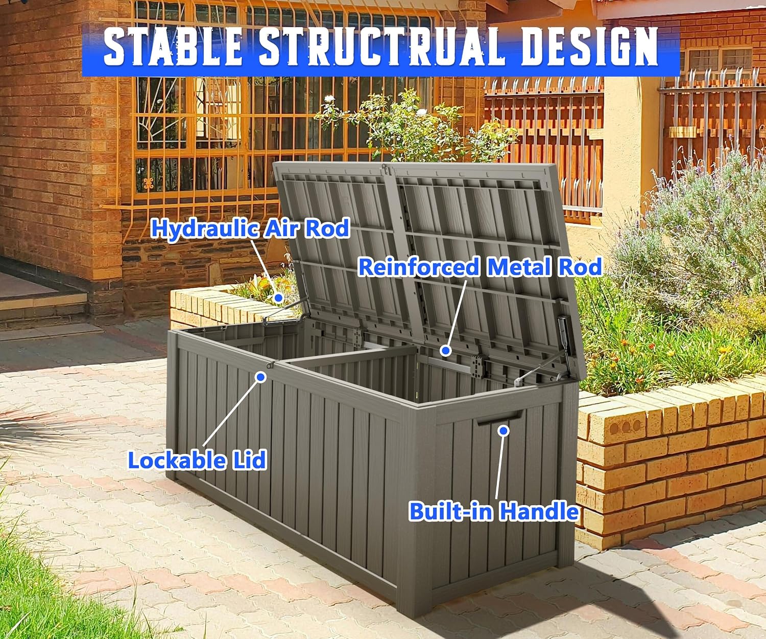 NUNU LAB 150 Gallon Outdoor Storage Box,Resin Large Sturdy Deck Box, Backyard Outside Storage Box Waterproof with Double Wall Panels,Package Delivery Garden Outdoor Hose