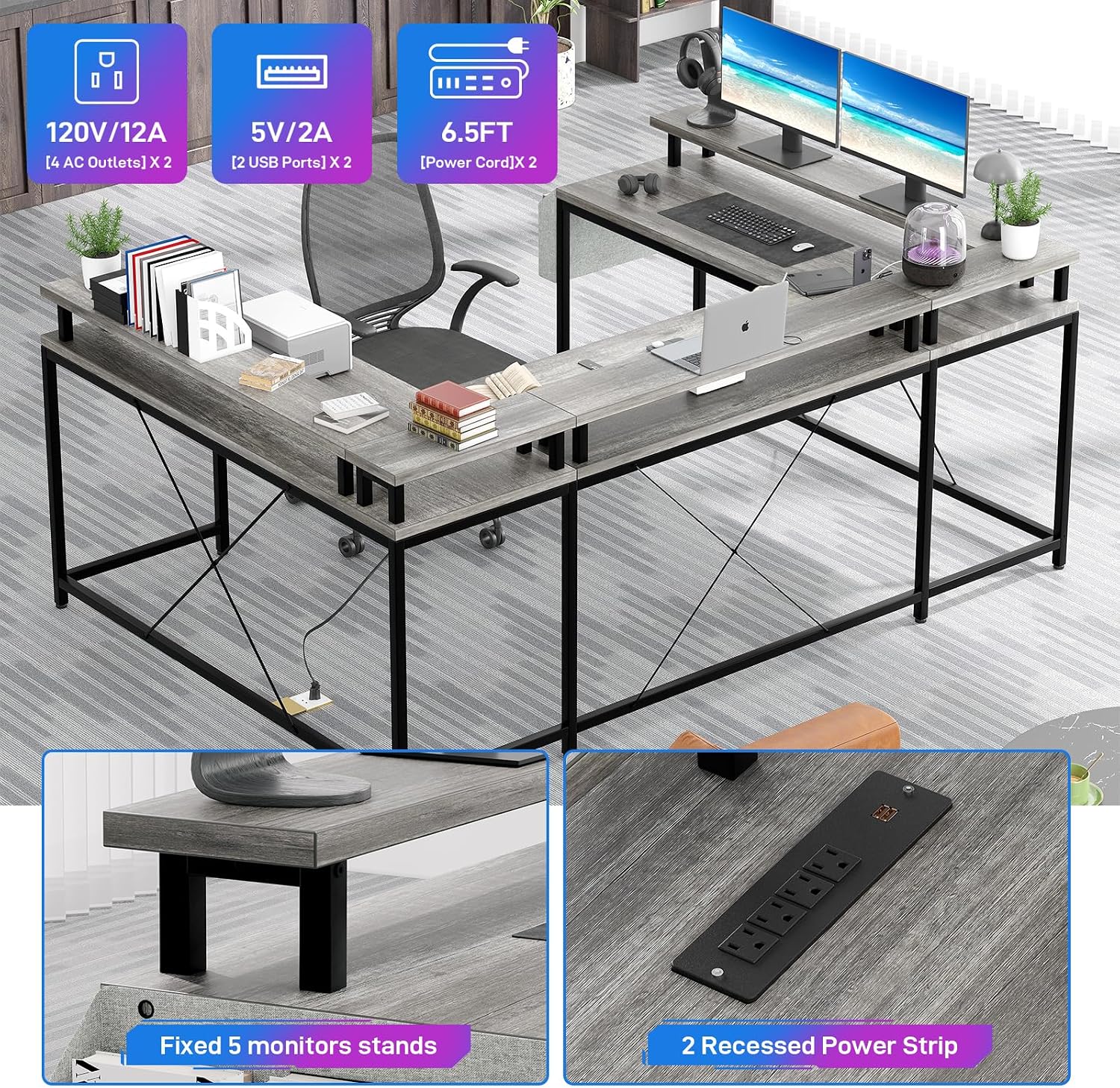 u Shaped Desk with Power Outlets & LED Lights, 79' Extra Large Reversible Corner Office Desk, Monitor Stand & Storage Shelves, Corner Computer Table Office Table with Full Monitor Stand