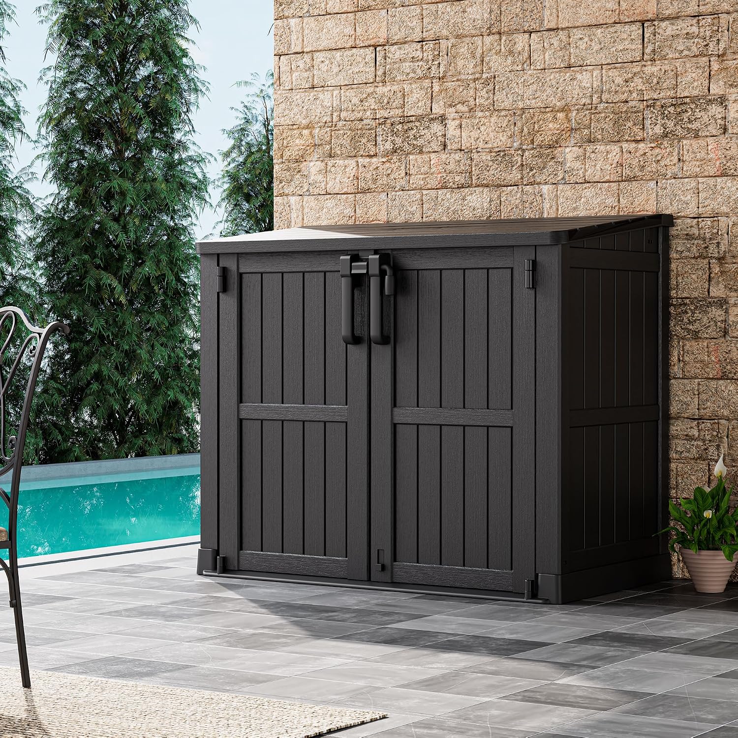 Outdoor Horizontal Resin Storage Shed,Portable Outdoor Storage Cabinet 36 Cu Ft with Lockable Doors -Waterproof Storage Box for Backyards,Easy to Assemble Black
