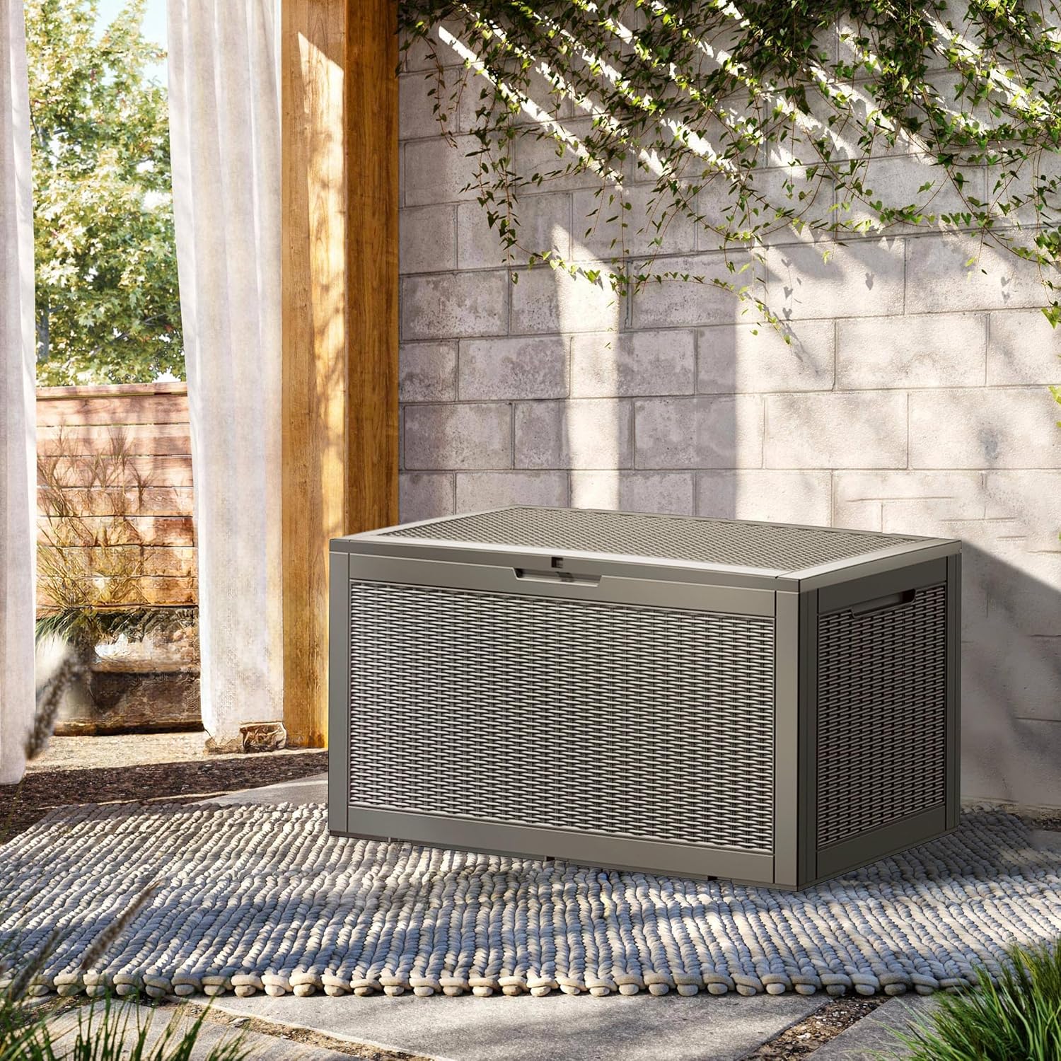 105 Gallon Resin Deck Box, Waterproof Outdoor Storage Bin for Patio Furniture, Pool Accessories, and Garden Tools, Lockable & UV-Resistant, Grey