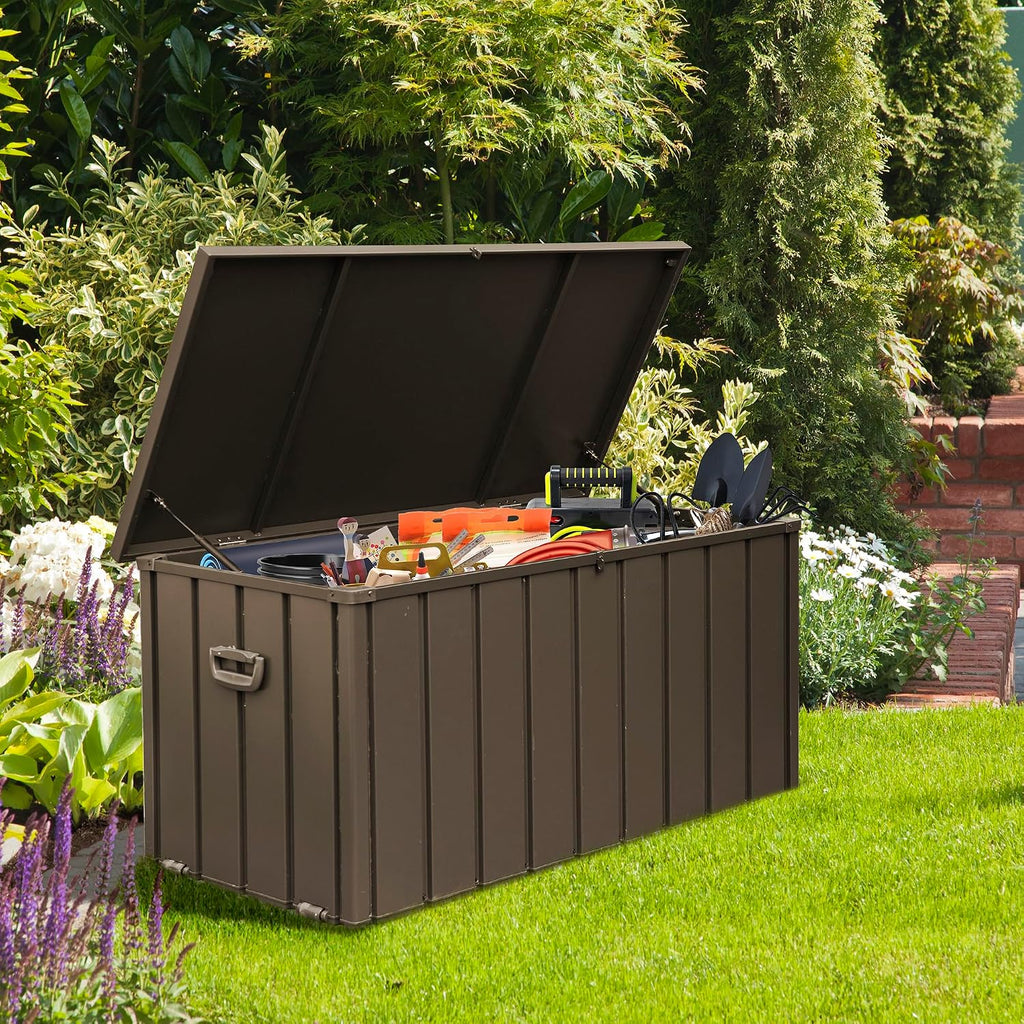 Domi 100 Gallon Deck Box Outdoor Storage Box, Lockable Storage Cabinet Deck Box Outdoor Waterproof, Large Metal Storage Bin for Patio Furniture Cushions Garden Tools Pool-Supplies, Brown