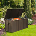 Domi 100 Gallon Deck Box Outdoor Storage Box, Lockable Storage Cabinet Deck Box Outdoor Waterproof, Large Metal Storage Bin for Patio Furniture Cushions Garden Tools Pool-Supplies, Brown