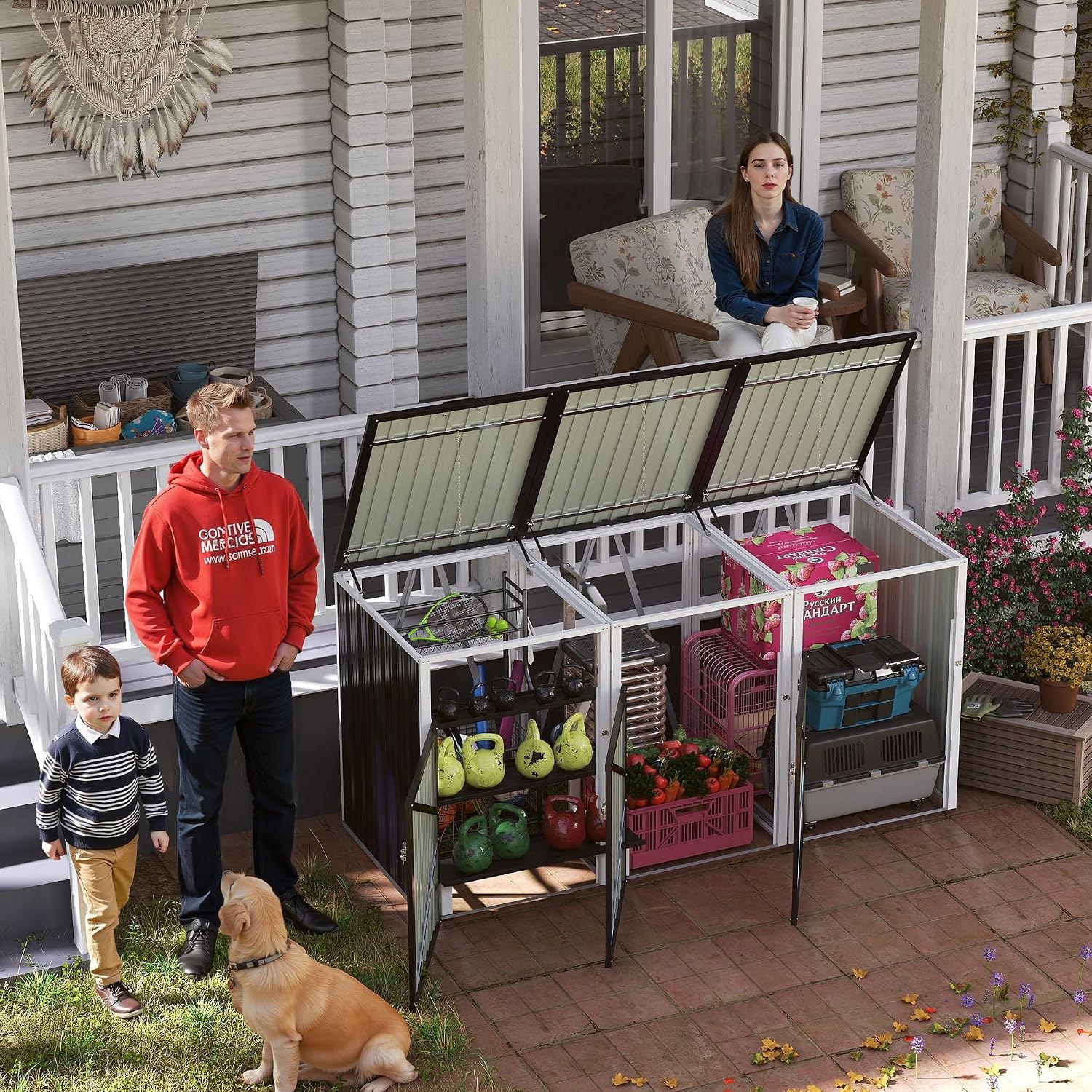 KEIKI 83 Cu.Ft Metal Outdoor Trash Can Storage Shed for 3 Bins, Garbage Bin Enclosure with Pneumatic Lid & Double Chain Design, Outdoor Storage for Garden, Patio & Lawn, Dark Gray