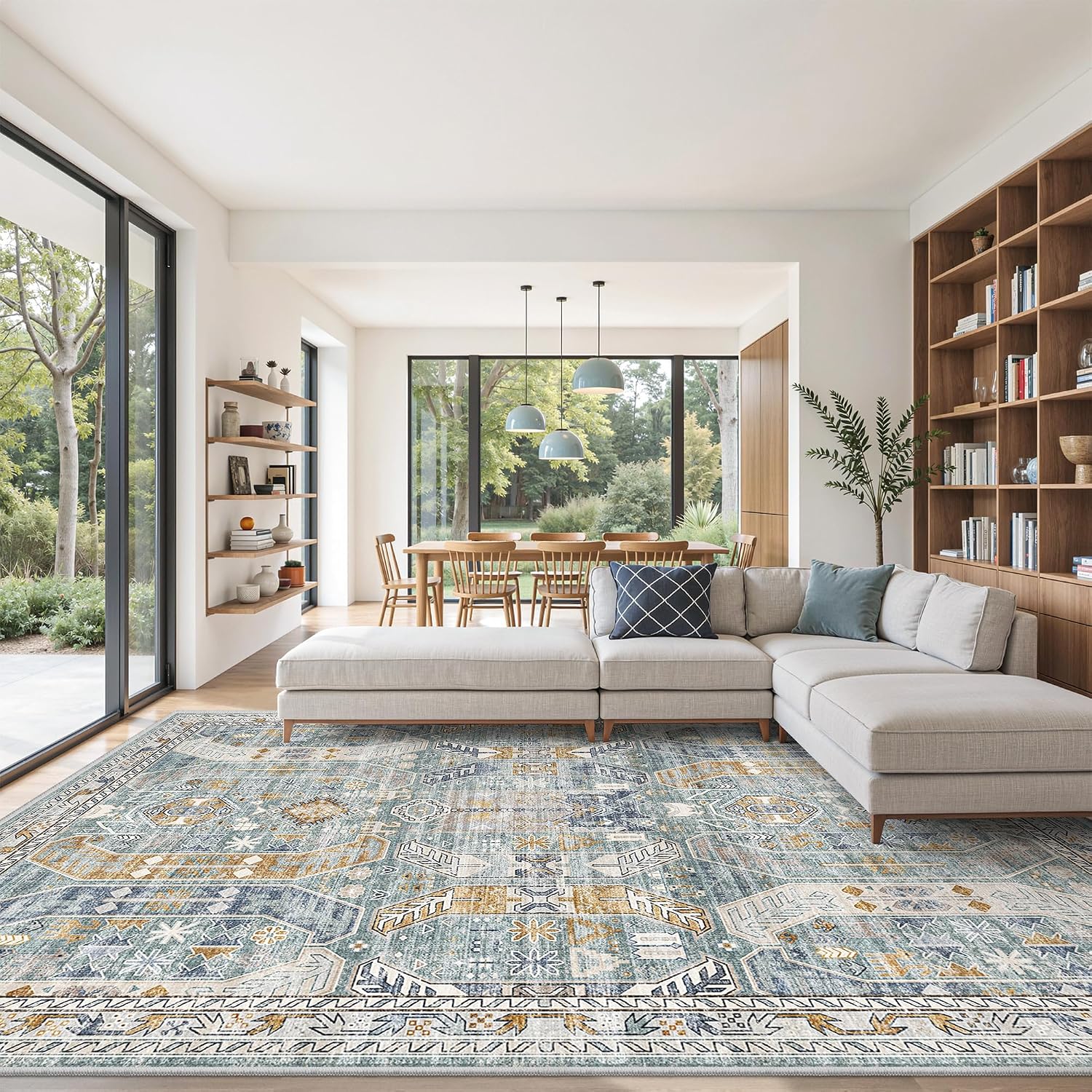 befbee 9x12 Area Rug,Ultra-Thin Washable Rugs for Living Room,Non-Slip Lightweight Foldable Area Rug,Stain Resistant Vintage Large Rugs (Blue/Gold,9'x12')
