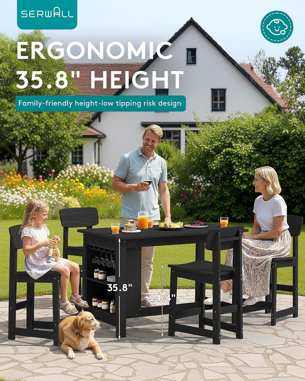 SERWALL Outdoor Bar Table, All Weather HDPE 36' Counter Height Dining Table with Storage and Wine Rack for Patio, Garden, Backyard, Balcony, Poolside, Black